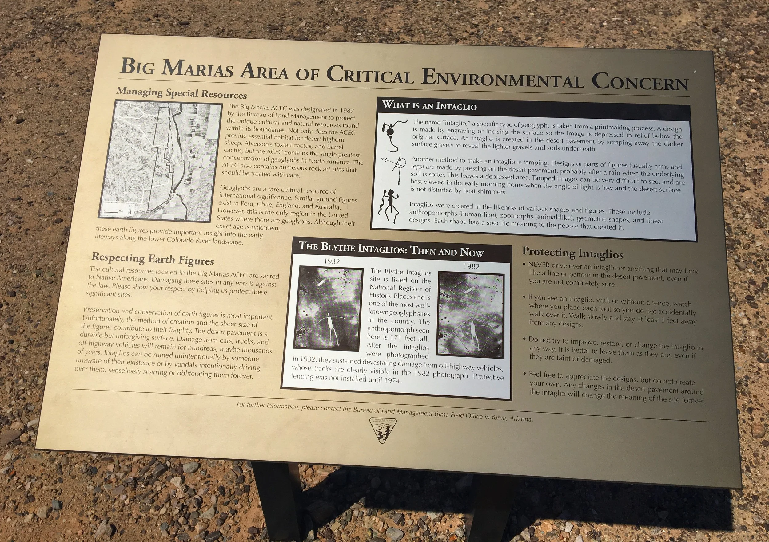 An Informational sign on the environmental concern of the geoglyphs at the Blythe Intaglios in California.