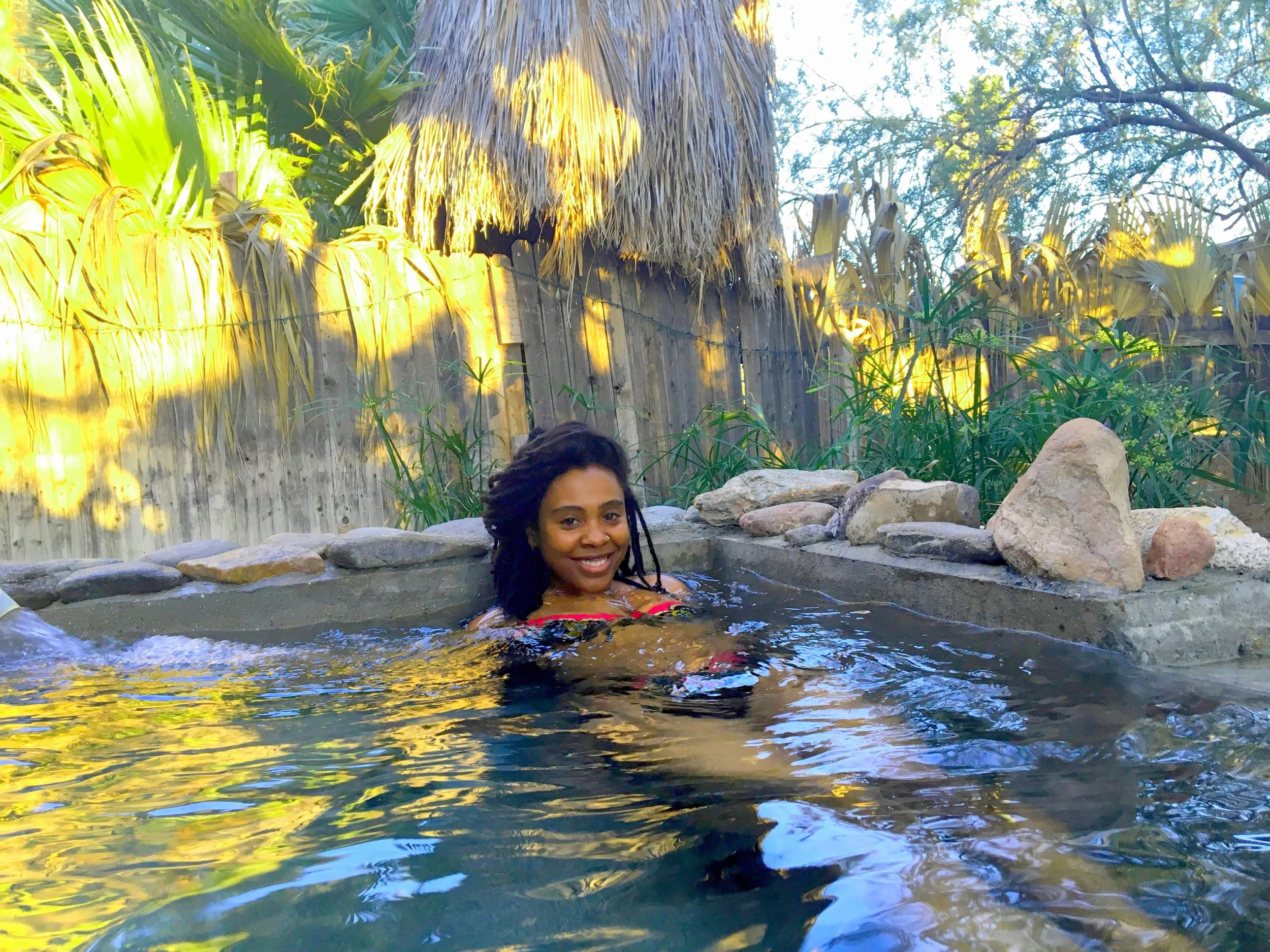 Private soaking tubs offer a quieter, more secluded experience while remaining open to the surrounding desert environment.