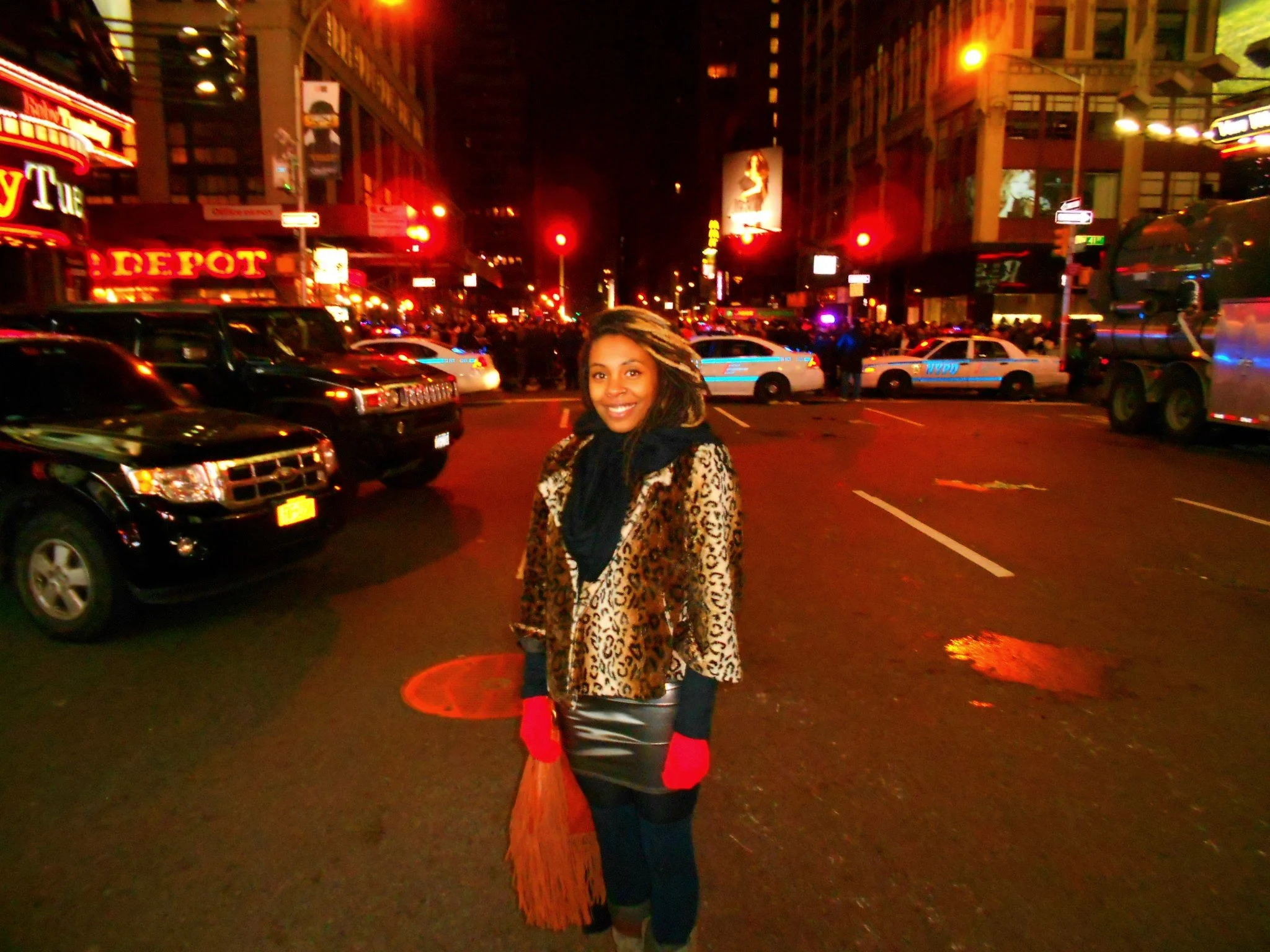 Standing in the streets of Manhattan after celebrating New Year's Eve in Times Square.