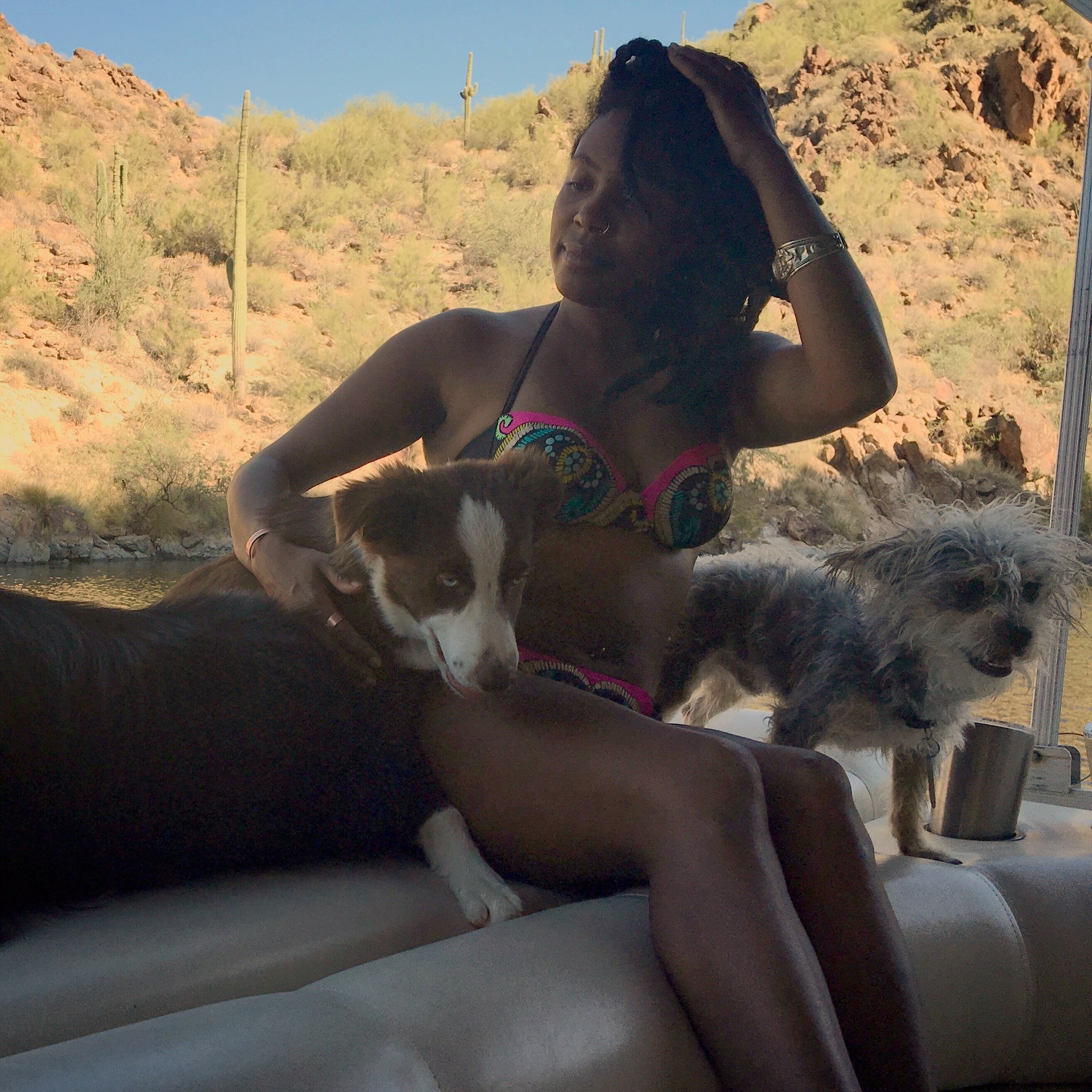 Visitor relaxing on a pontoon boat with dogs while drifting across Saguaro Lake in Arizona.