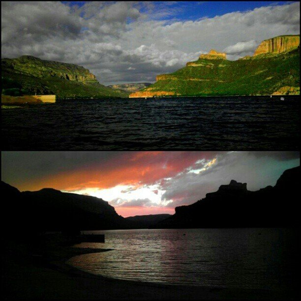 Side-by-side comparison of Apache Lake under dramatic daytime storm clouds and a colorful desert sunset.