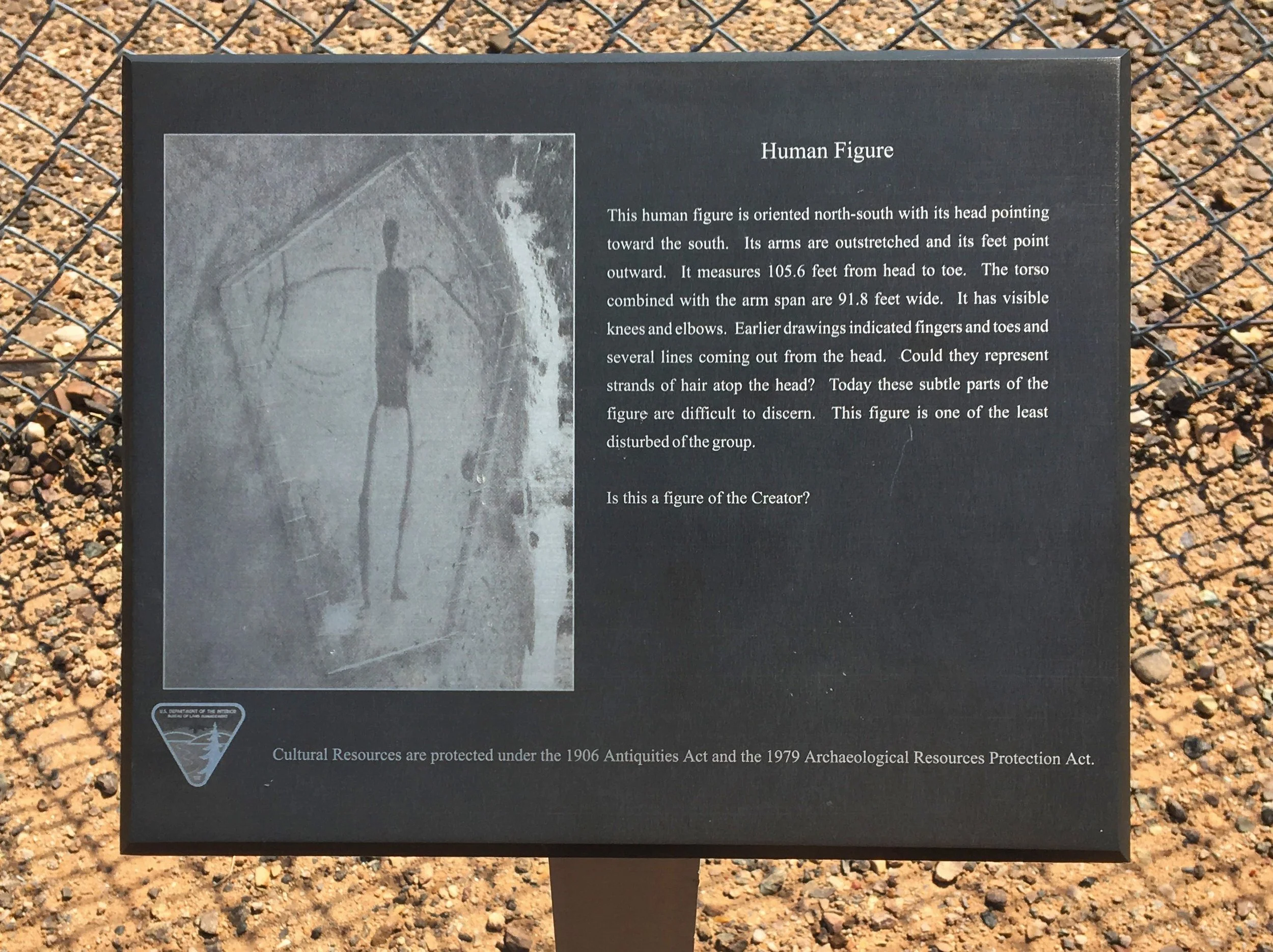 An Informational sign on the human figure geoglyph at the Blythe Intaglios in California.