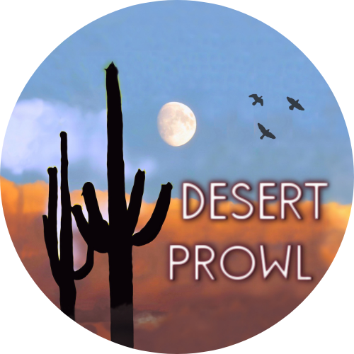 Desert Prowl logo featuring a saguaro cactus silhouette beneath a desert moon and flying birds