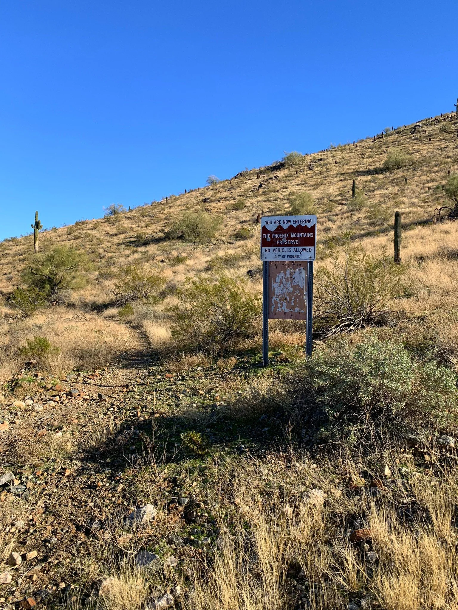 Phoenix Mountains Preserve sign marking a trail entrance in Phoenix, Arizona.