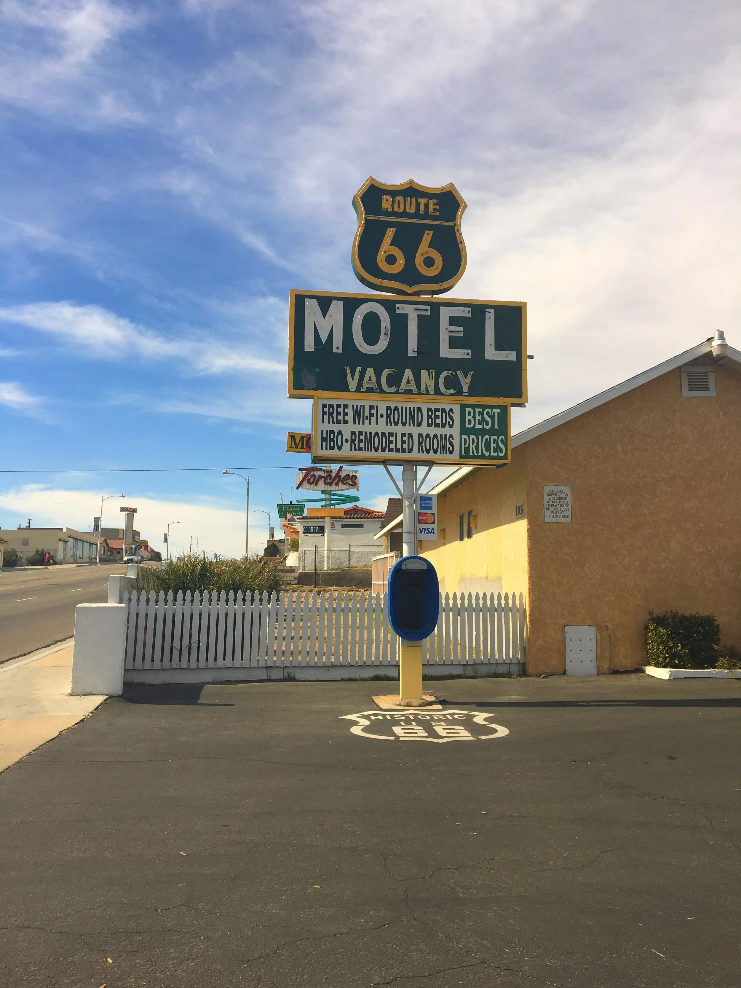 Historic Route 66 Motel sign in Barstow, California.