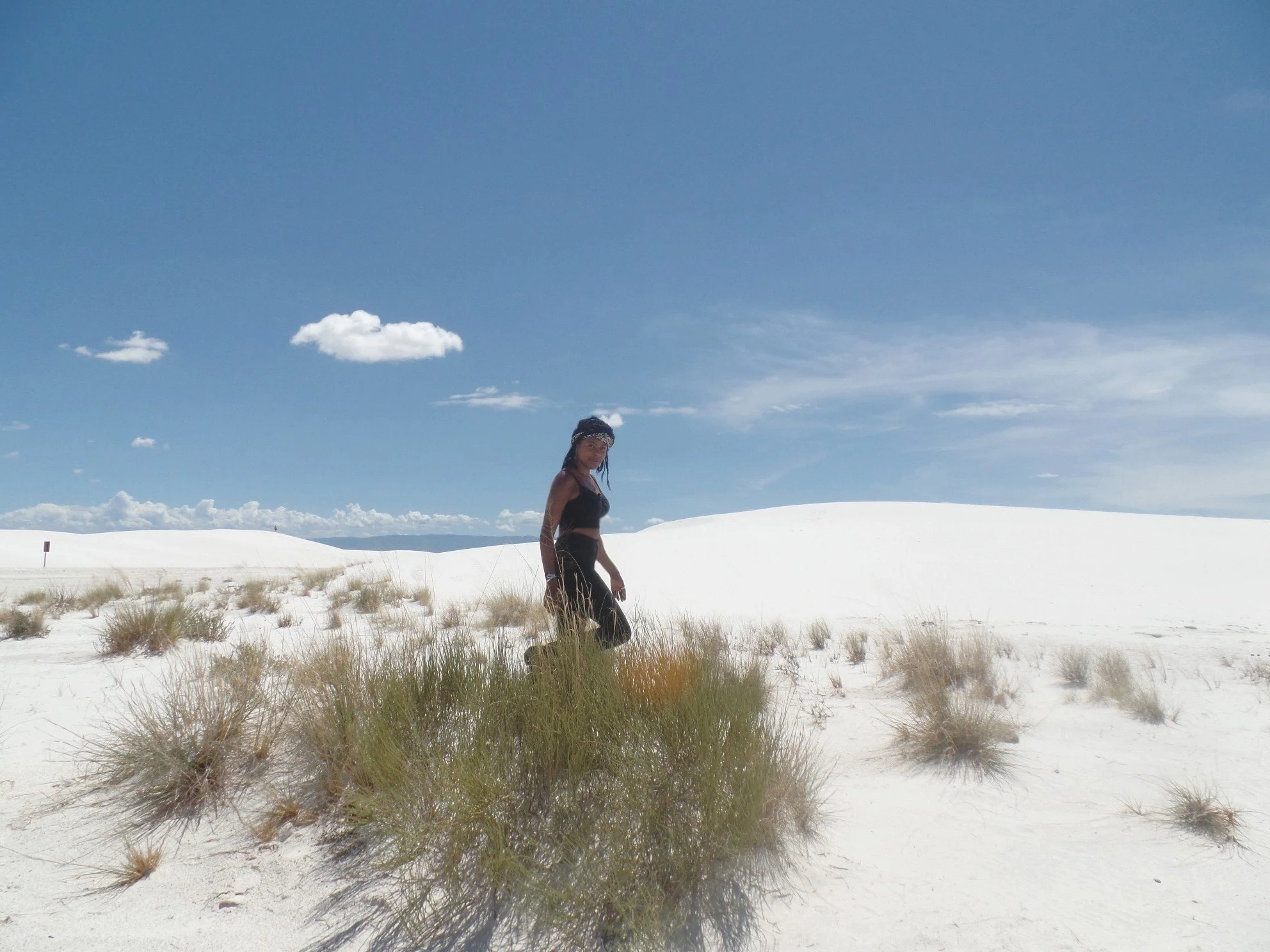 Walking through native grasses growing among the white gypsum dunes at White Sands National Park.