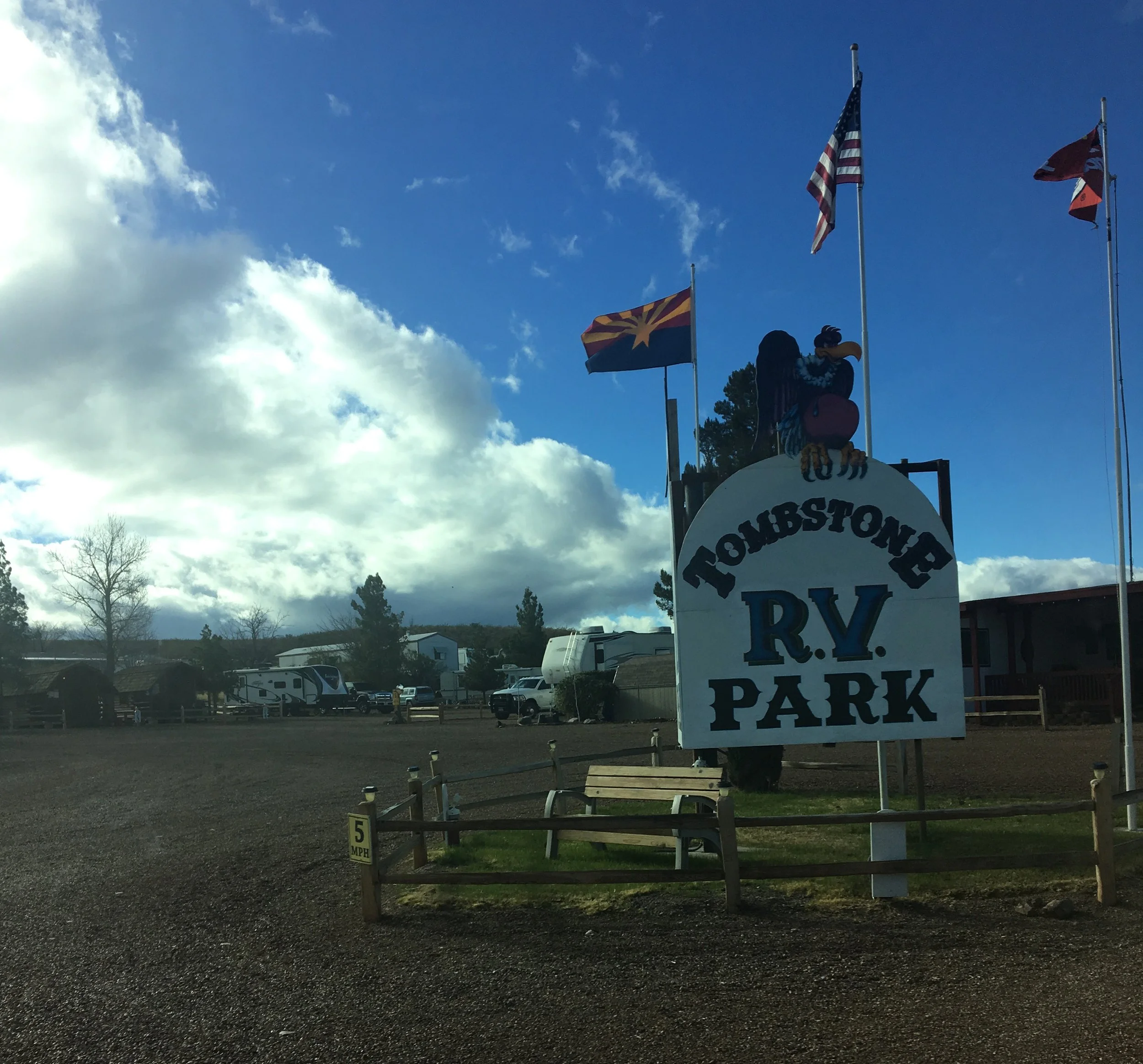 Quiet morning at Tombstone RV Park among desert campsites.