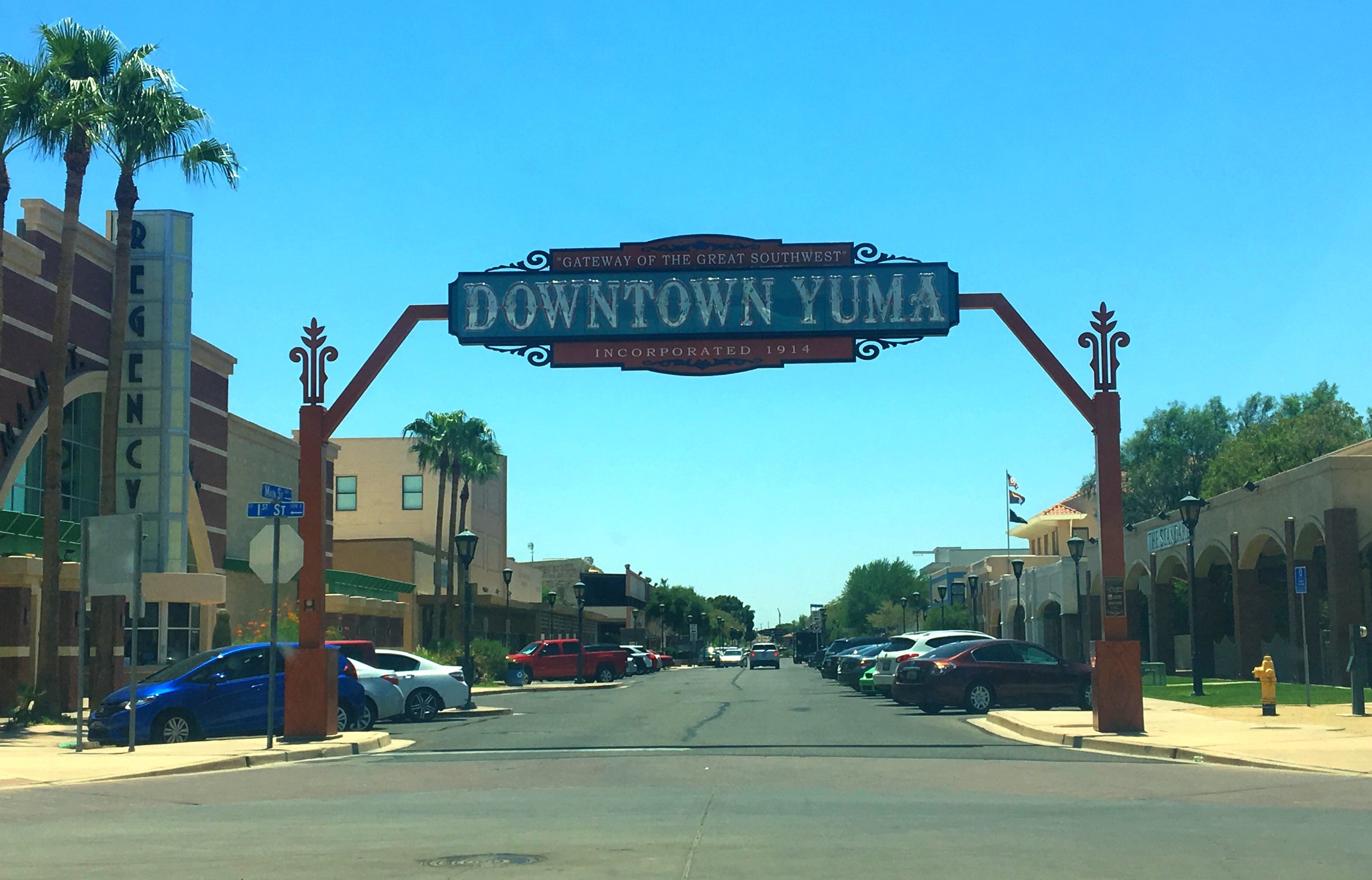 Downtown street welcome sign in Yuma, Arizona during a Southwest road trip.