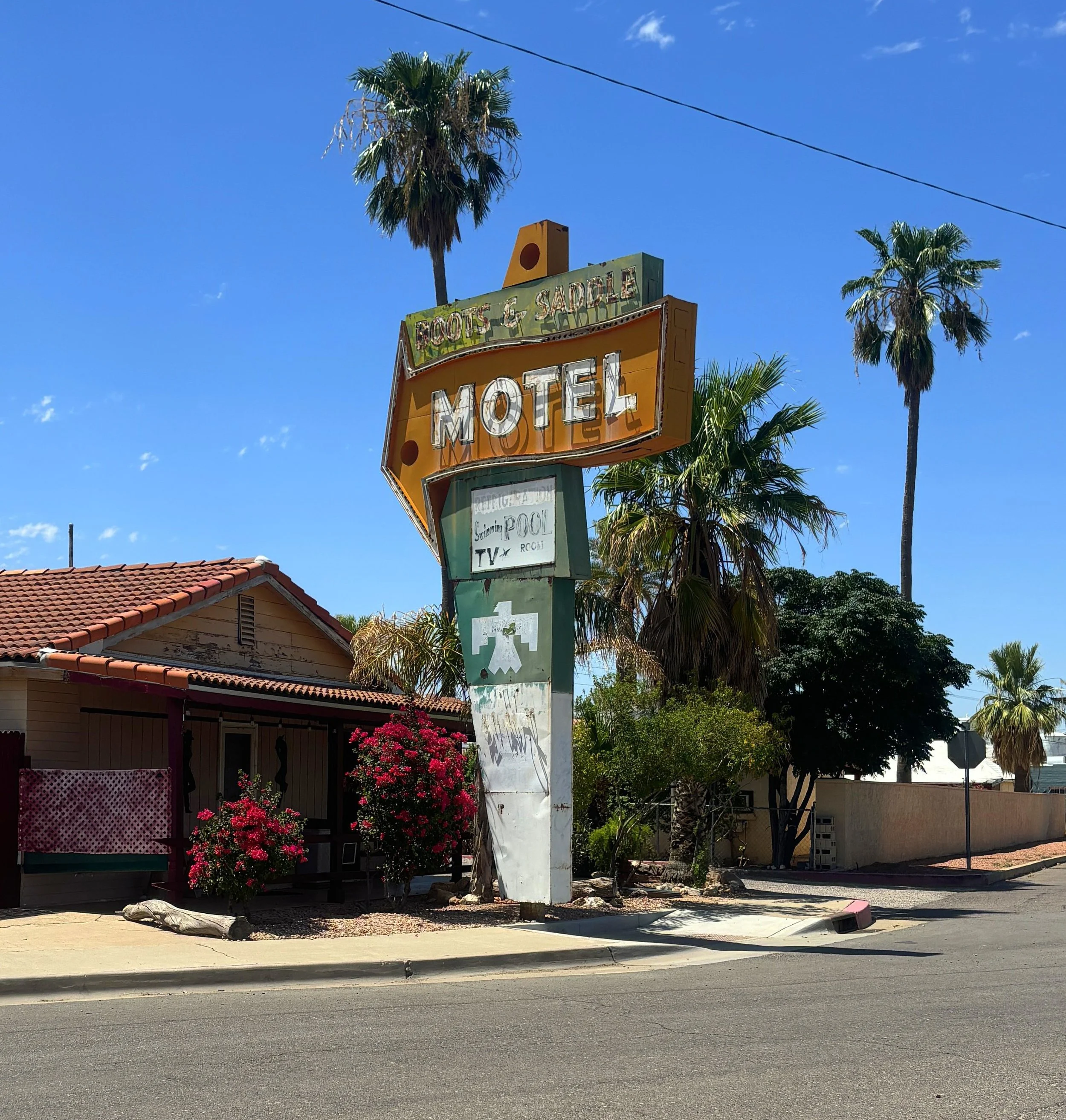 Vintage Boots & Saddle Motel roadside sign in Casa Grande, Arizona, a mid-century landmark along the historic Highway 84 corridor.