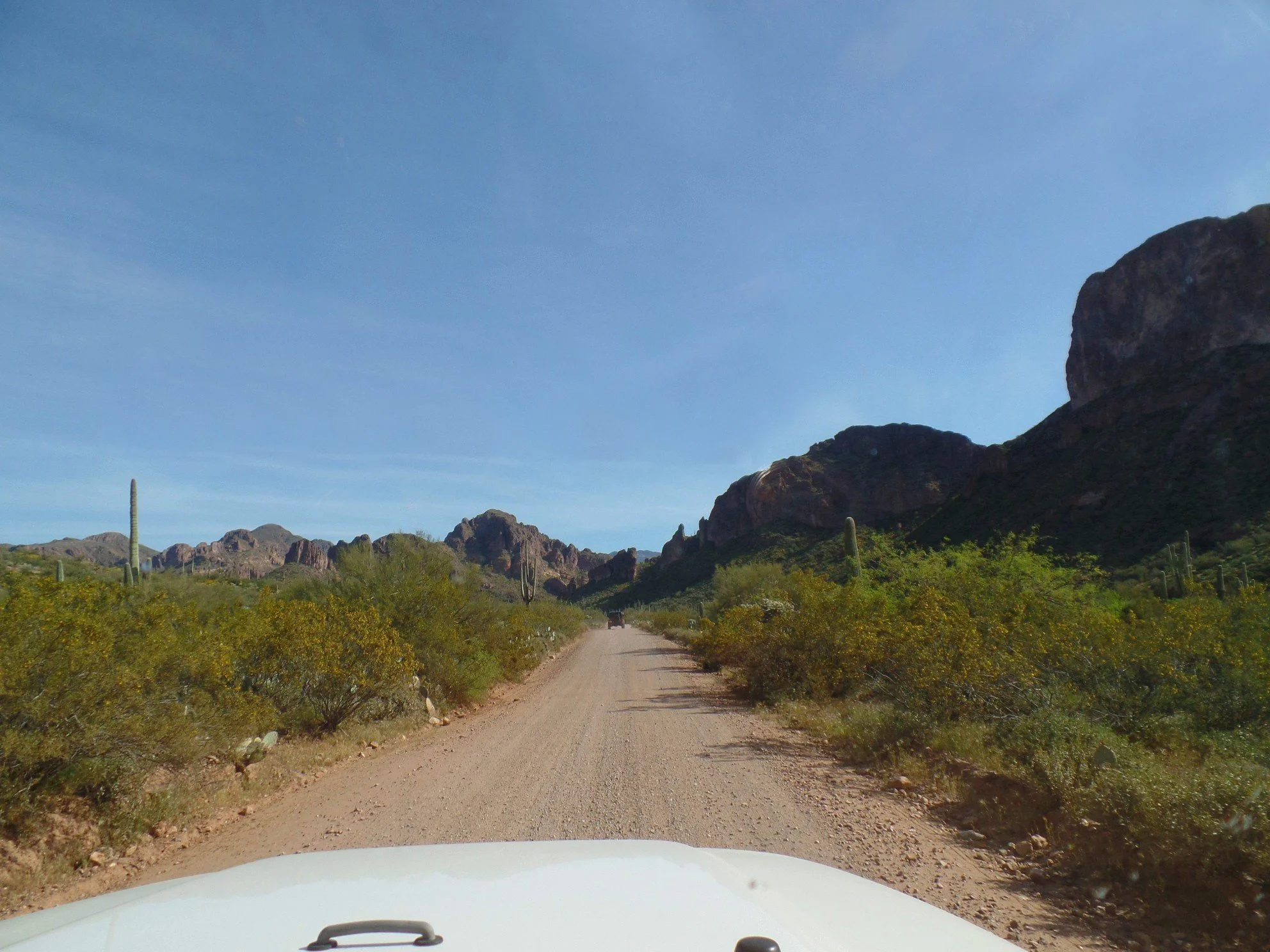 Jeep moving fast on a dusty trail along the Montana Mountain backroad route.