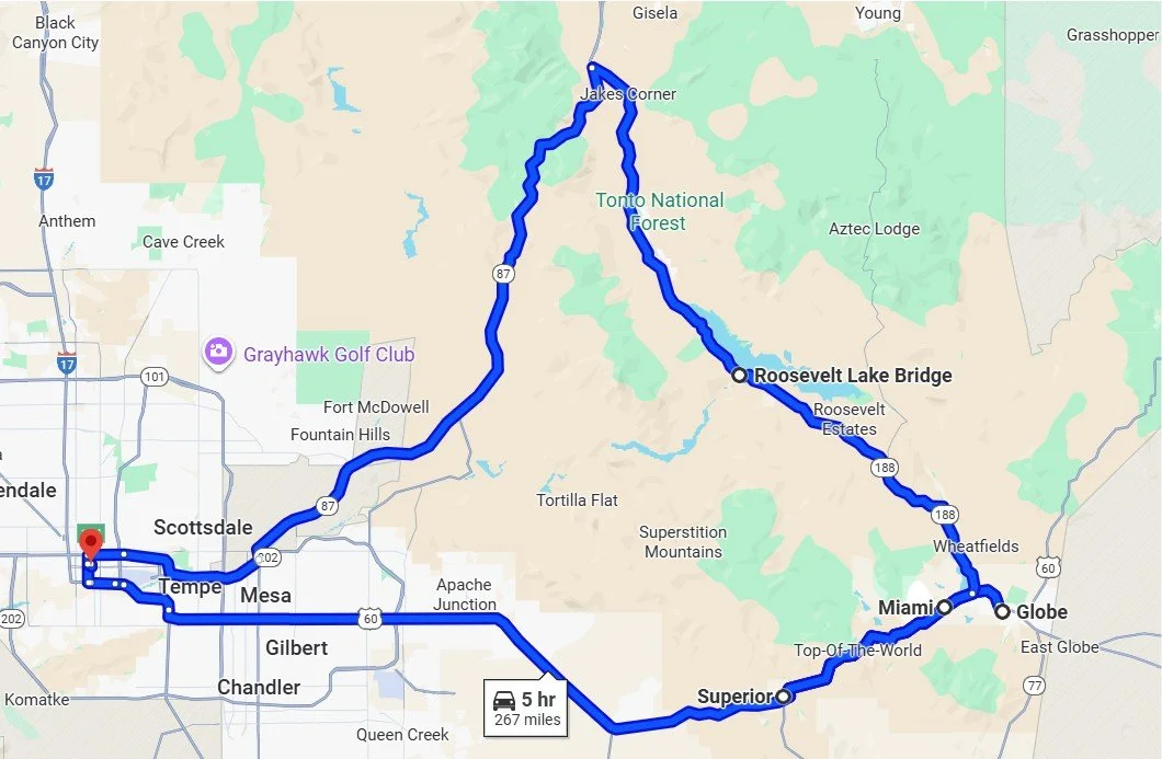 Arizona Road-trip Map of Roosevelt, Globe, Miami, and Superior.
