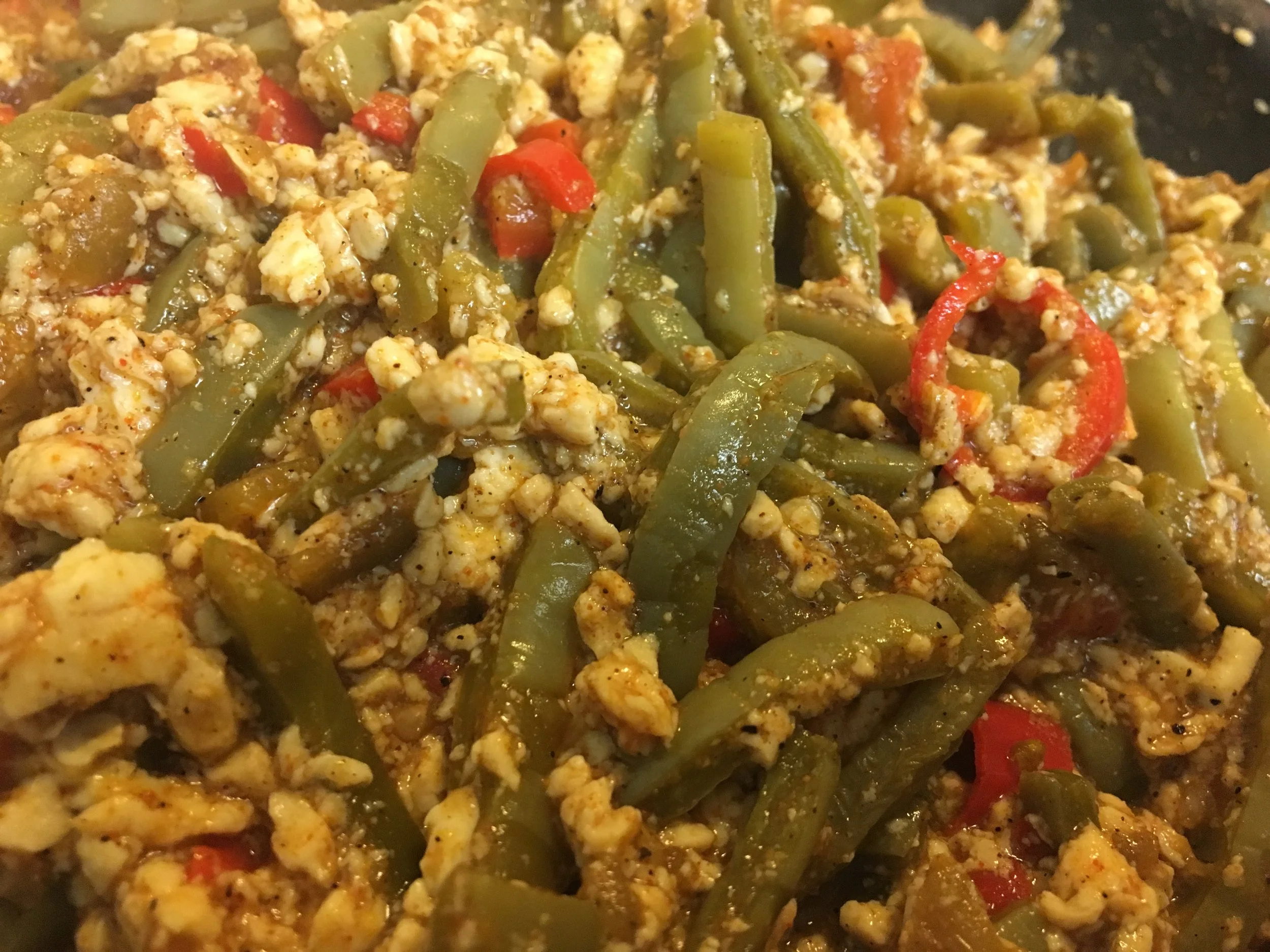 Vegan breakfast scramble made with cactus, peppers, and Southwest-inspired seasonings.