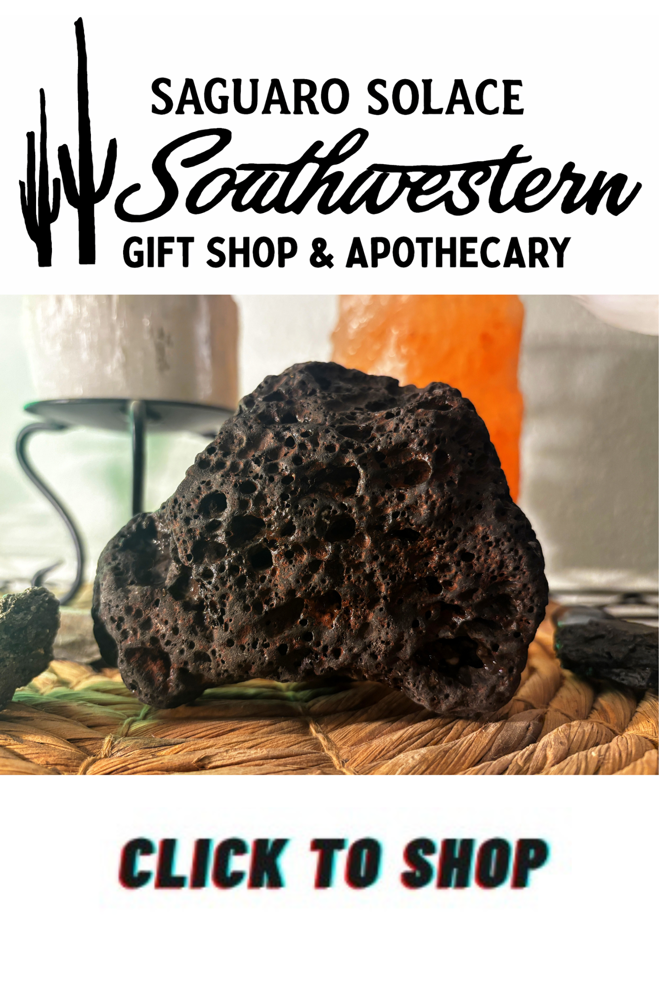 Lava stone displayed at Desert Prowl Southwestern Gift Shop & Apothecary, shown on a woven mat with warm desert lighting.