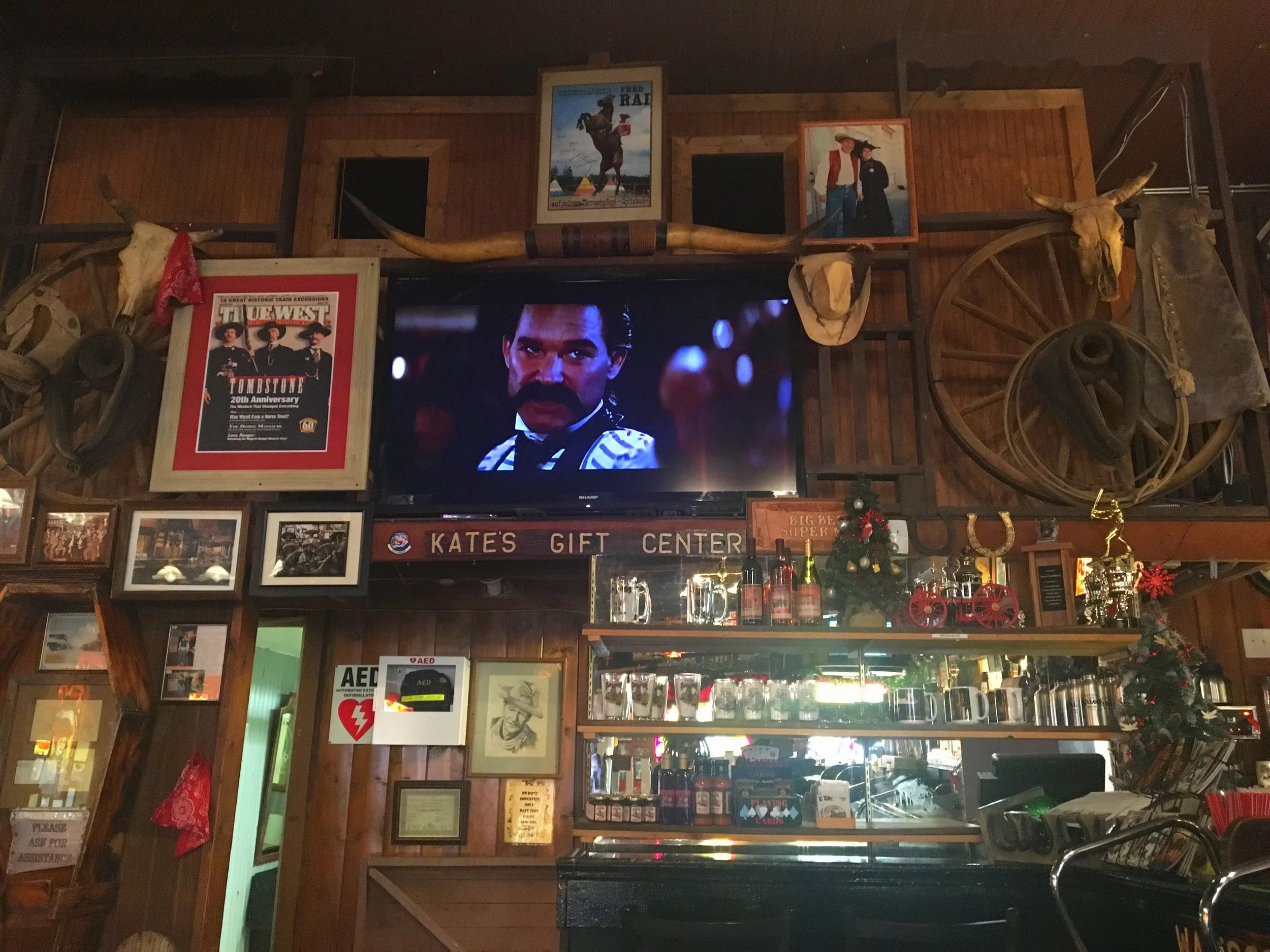 Scenes from the movie Tombstone playing inside Big Nose Kate’s Saloon on New Year’s Eve in Tombstone, Arizona.
