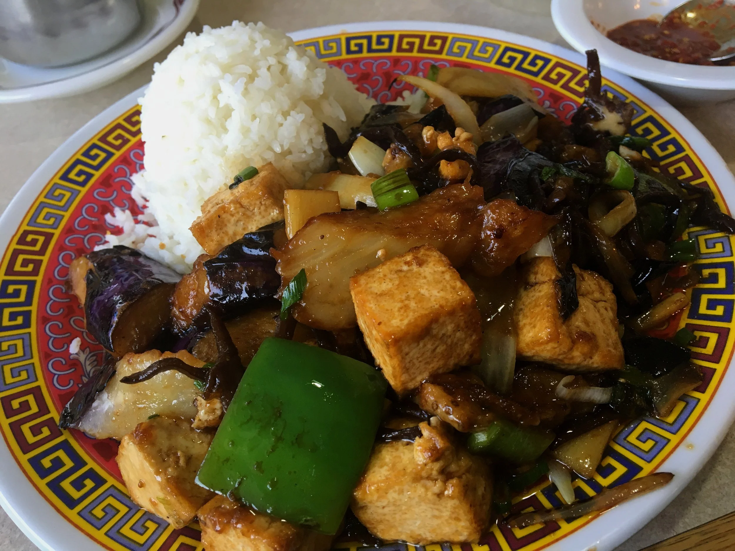 Eggplant with tofu served over white rice at Canton Chinese Restaurant in Barstow, California.
