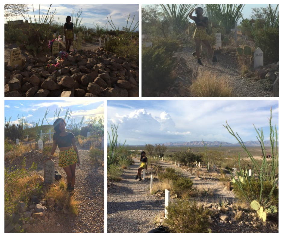 Visitor standing among gravestones at Boot Hill Cemetery in Tombstone, Arizona