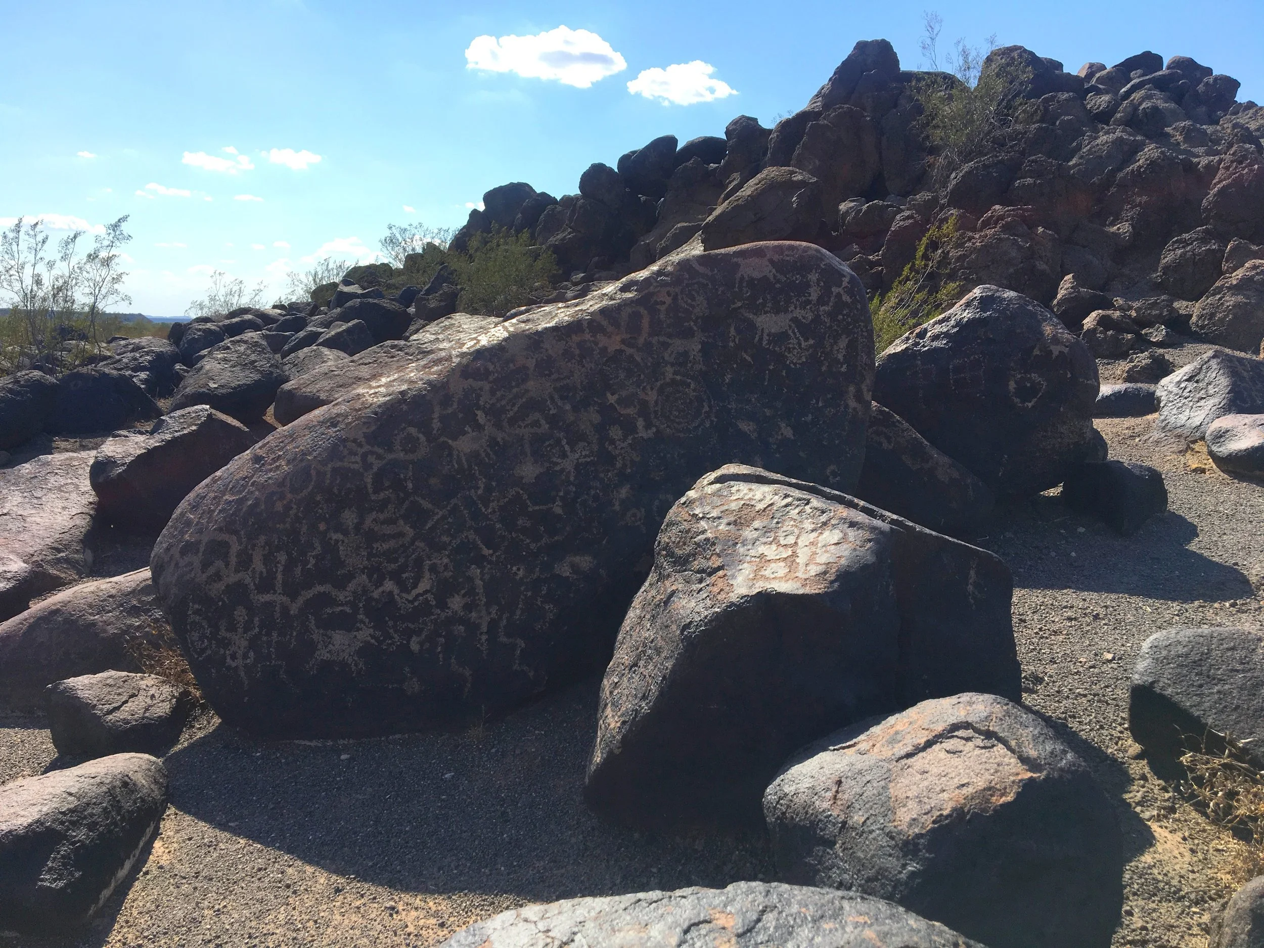 Walking through the Painted Rock Petroglyph Site in the Arizona desert
