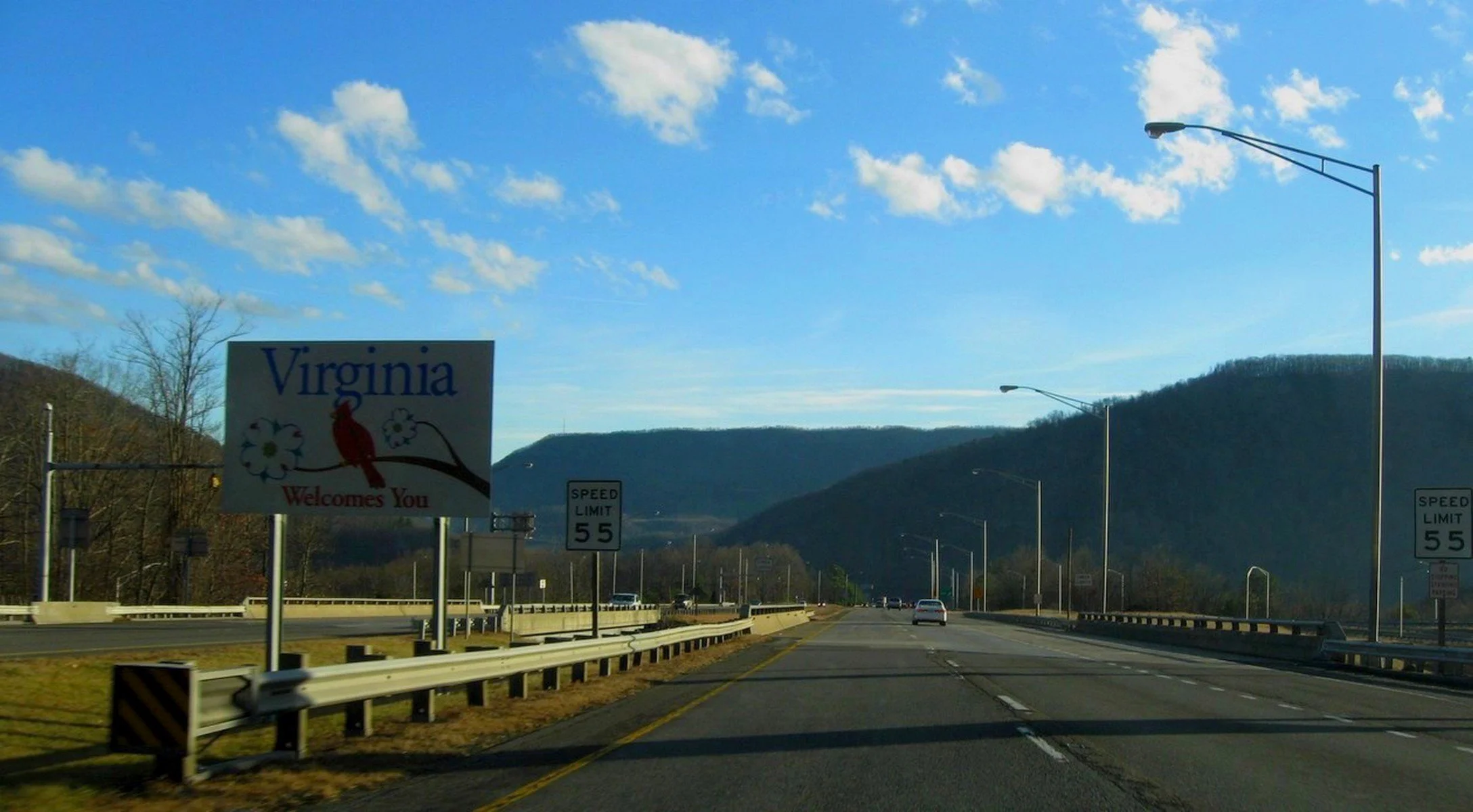 Virginia welcome sign with a pink bird and white flowers on a branch, highway with cars, mountains in the background, blue sky with clouds.