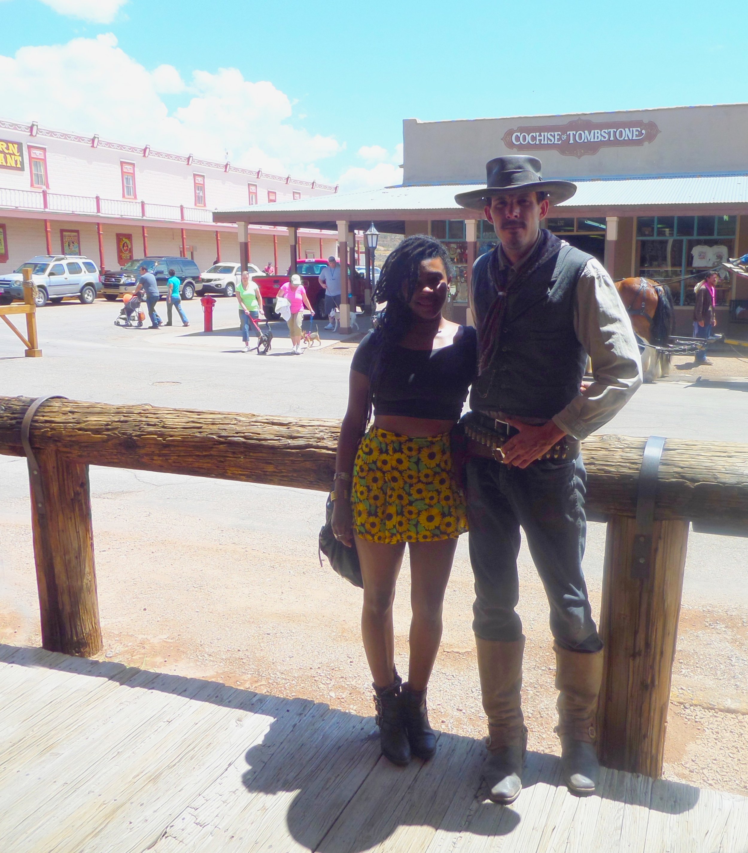 Visitor with costumed performer from the OK Corral reenactment in Tombstone, Arizona