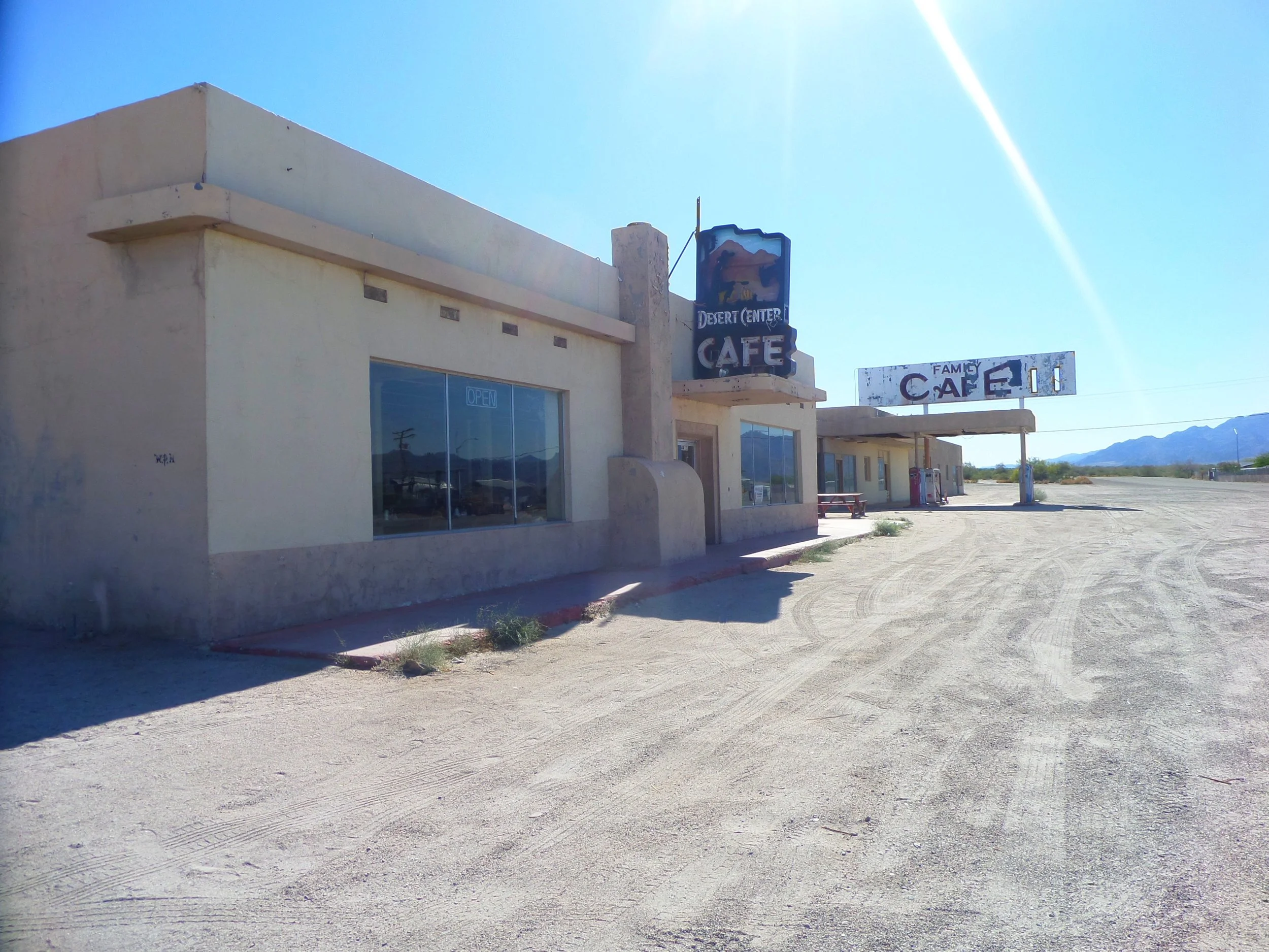 Exterior view of the Desert Center Cafe and abandoned service station