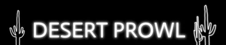 Black and white Desert Prowl Logo with two saguaros on each side.