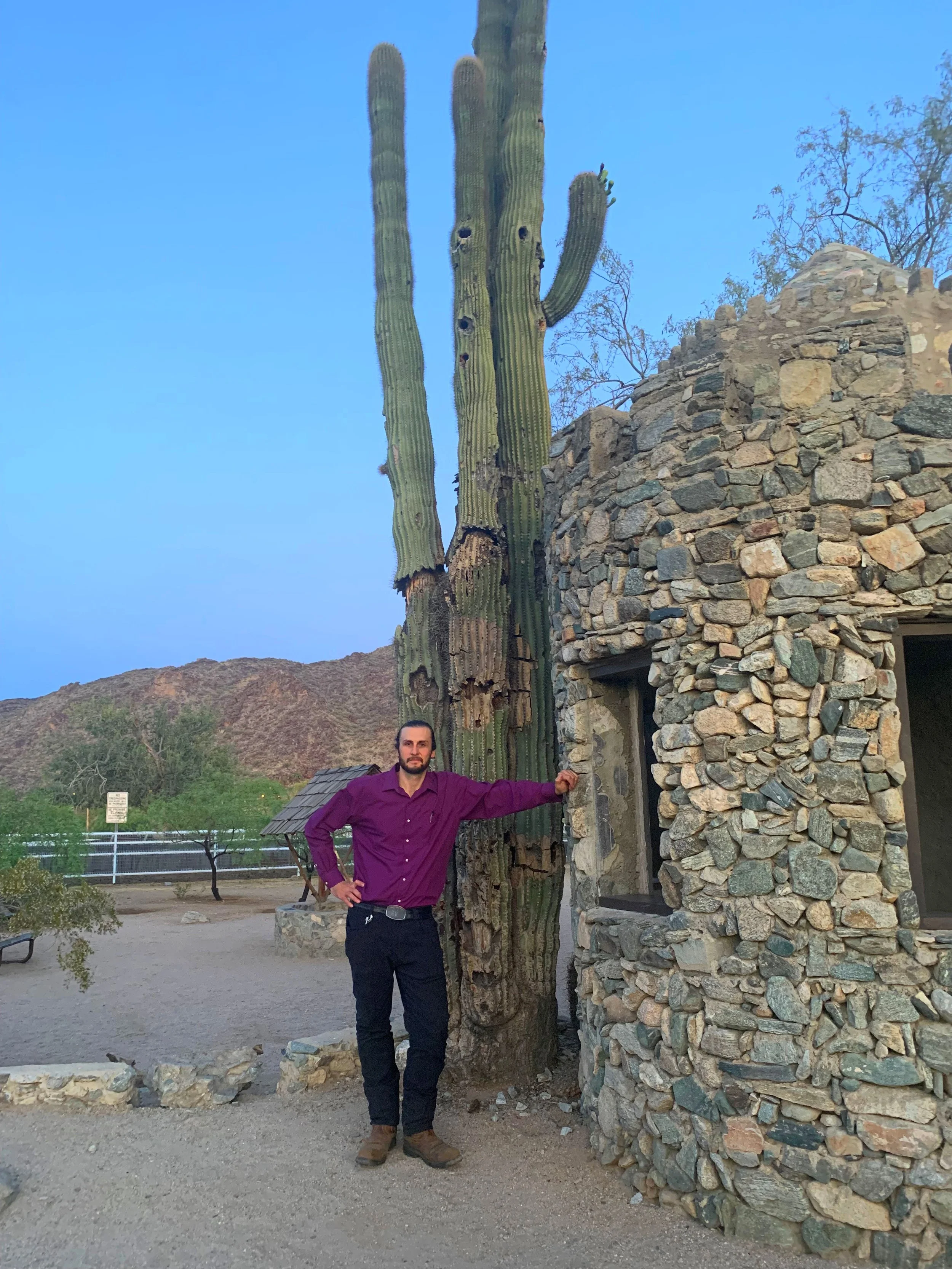Man standing beside the large, visibly damaged saguaro next to the stone ruins at Scorpion Gulch in 2022.