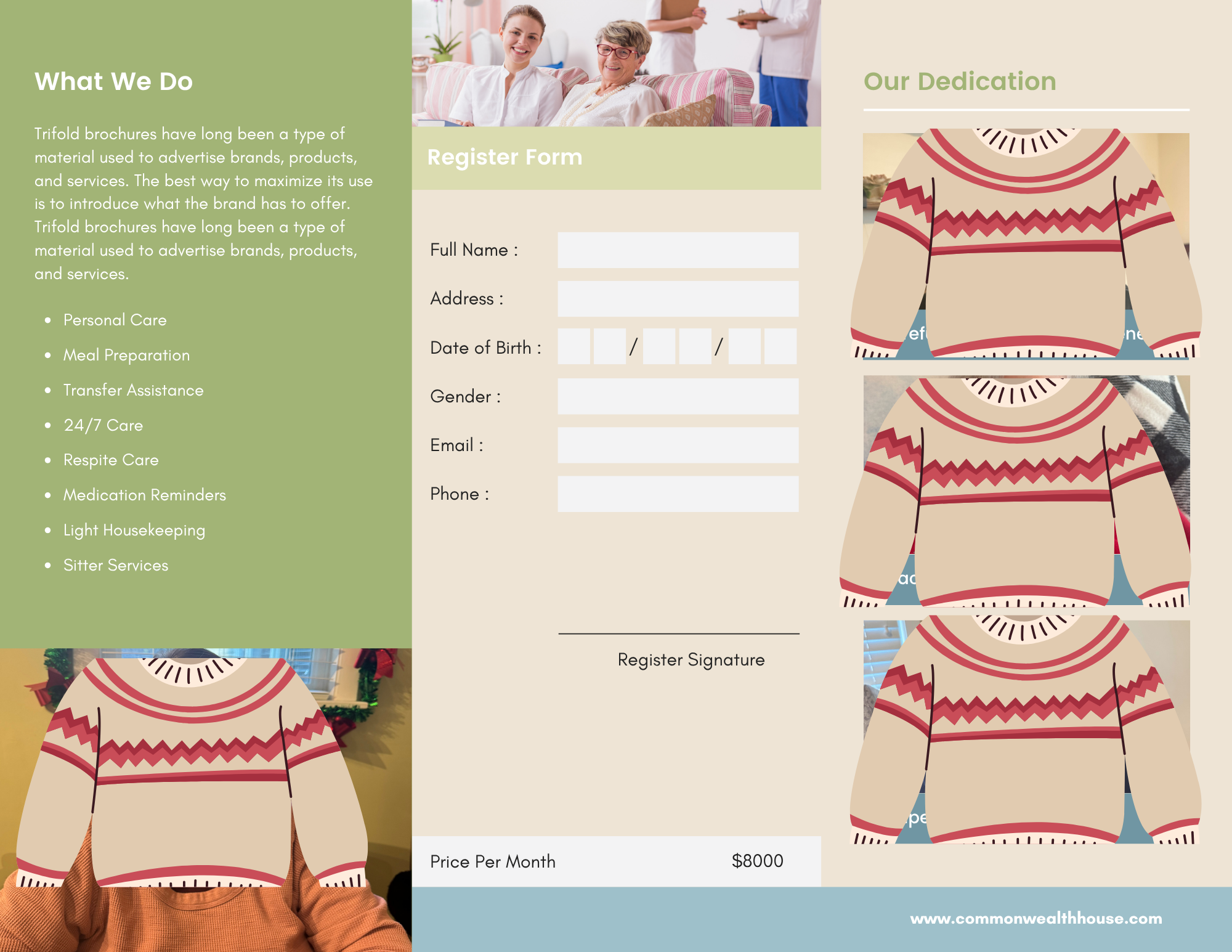 A health care or social services brochure featuring a registration form on the right side, with a group of smiling people including elderly and young individuals in a healthcare setting at the top. The brochure contains text sections about services o