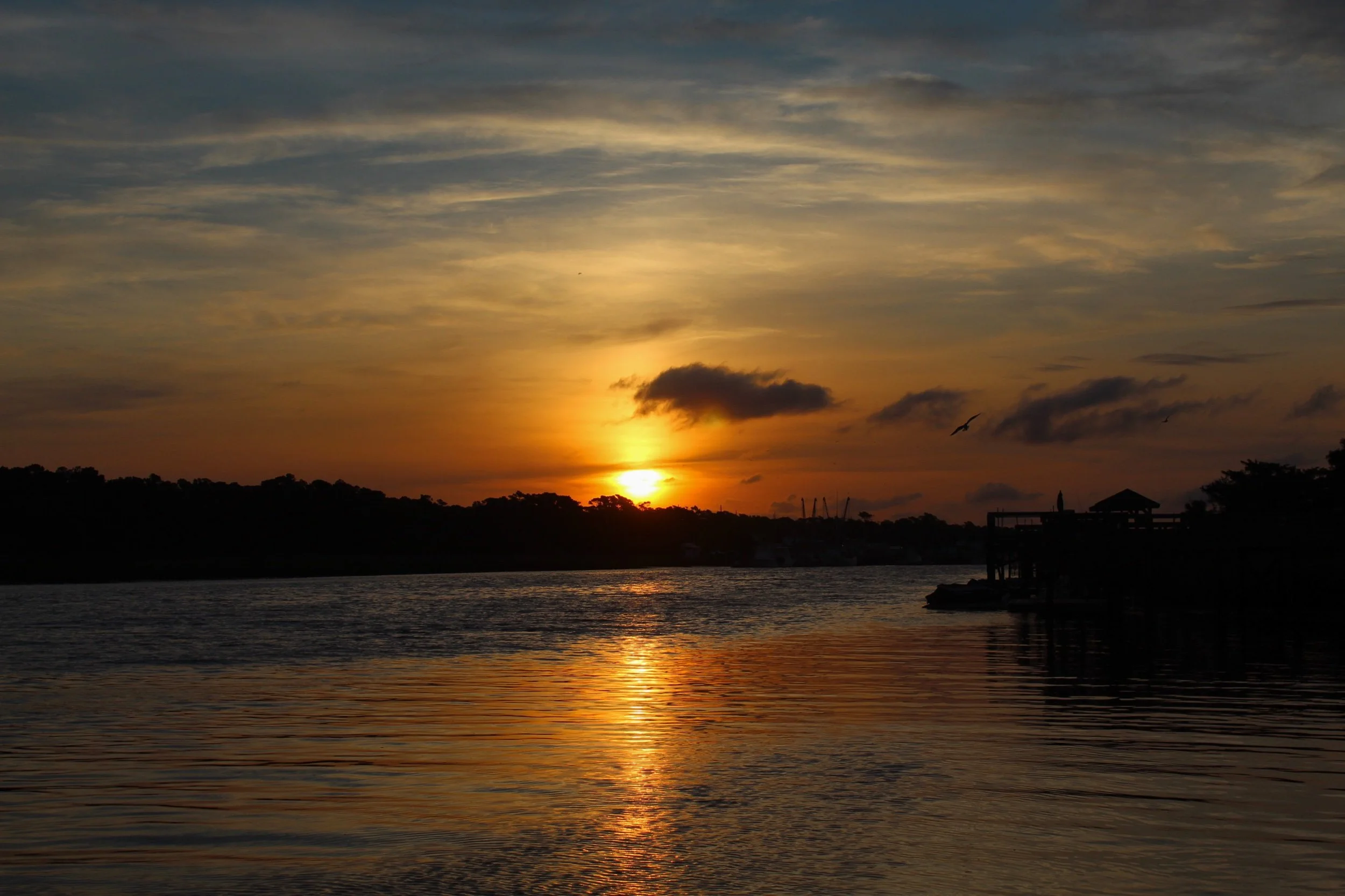 Sunset over a calm river with silhouetted trees and a dock, orange and blue sky with scattered clouds, birds flying.