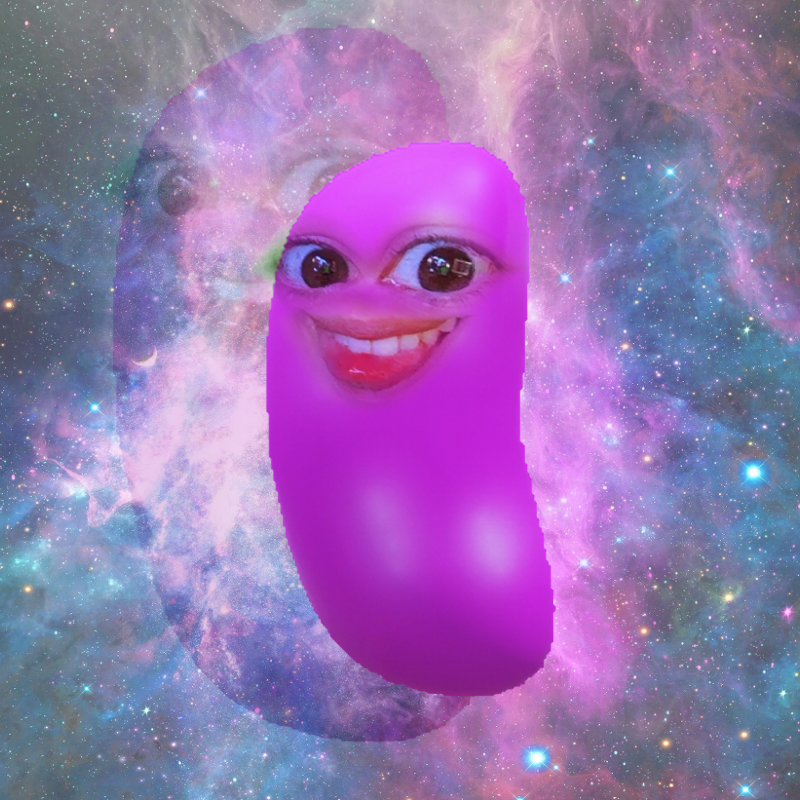 A purple Bean with a human face and exaggerated facial features, set against a colorful galaxy background.