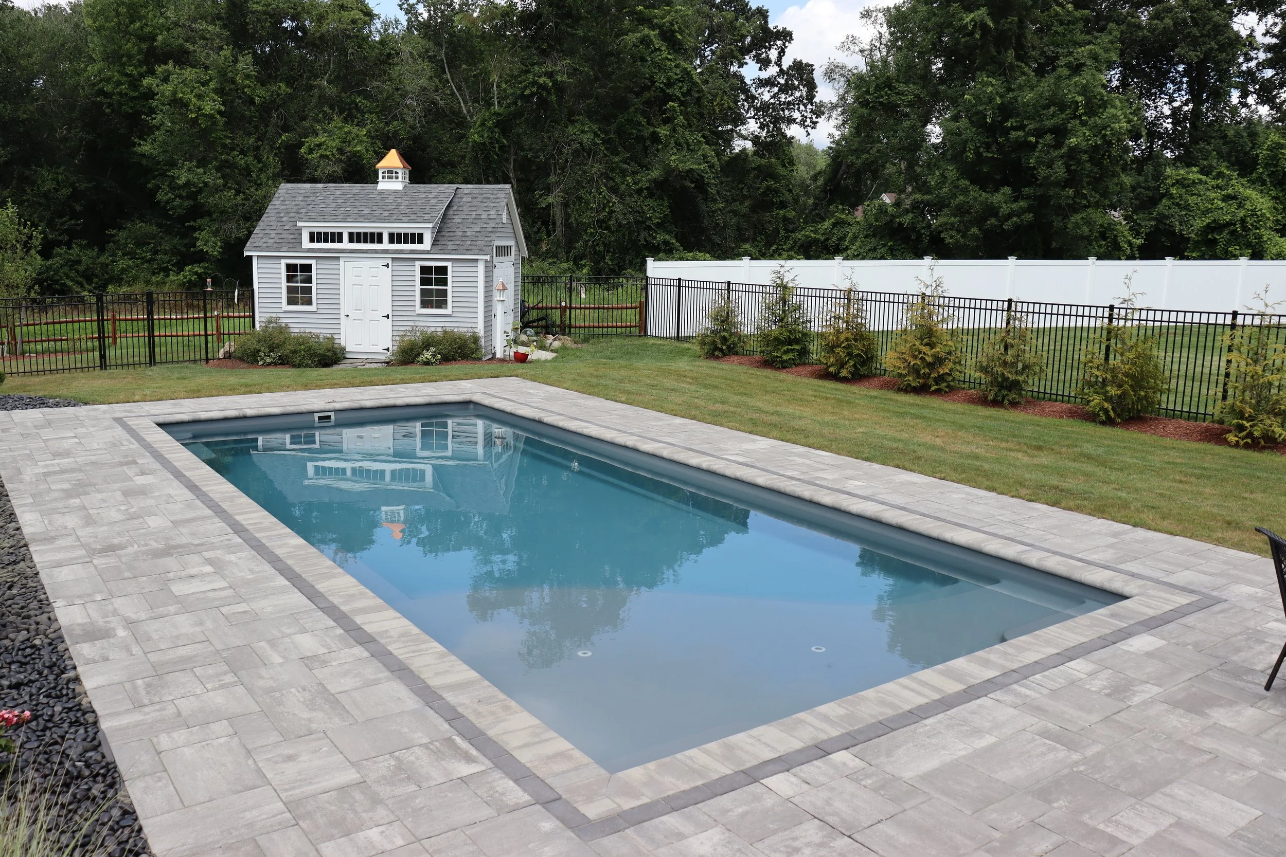 Backyard with a rectangular in-ground swimming pool, a small white shed with a gabled roof, surrounded by a black metal fence, with a row of evergreen trees planted along the fence, and a well-maintained lawn.