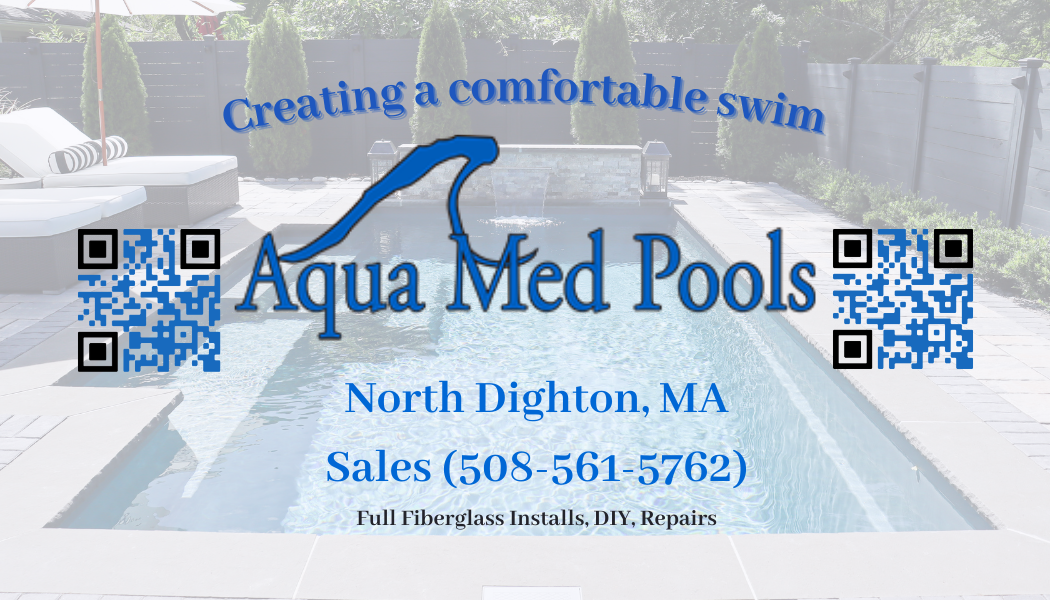 A business advertisement for Aqua Med Pools, featuring a rectangular backyard pool with surrounding patio furniture, lush trees, and a fence. The ad includes the slogan "Creating a comfortable swim," the company's contact information, and two QR code