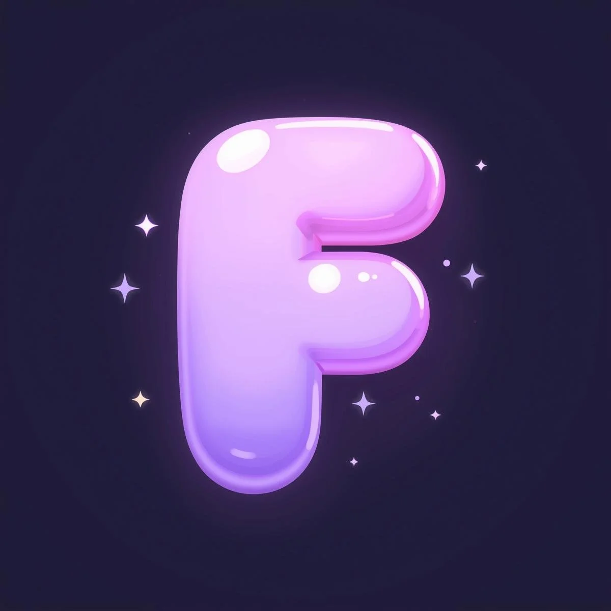 A glowing, purple, cartoon-like letter 'F' with a shiny, smooth surface, surrounded by small, white star shapes on a dark background.