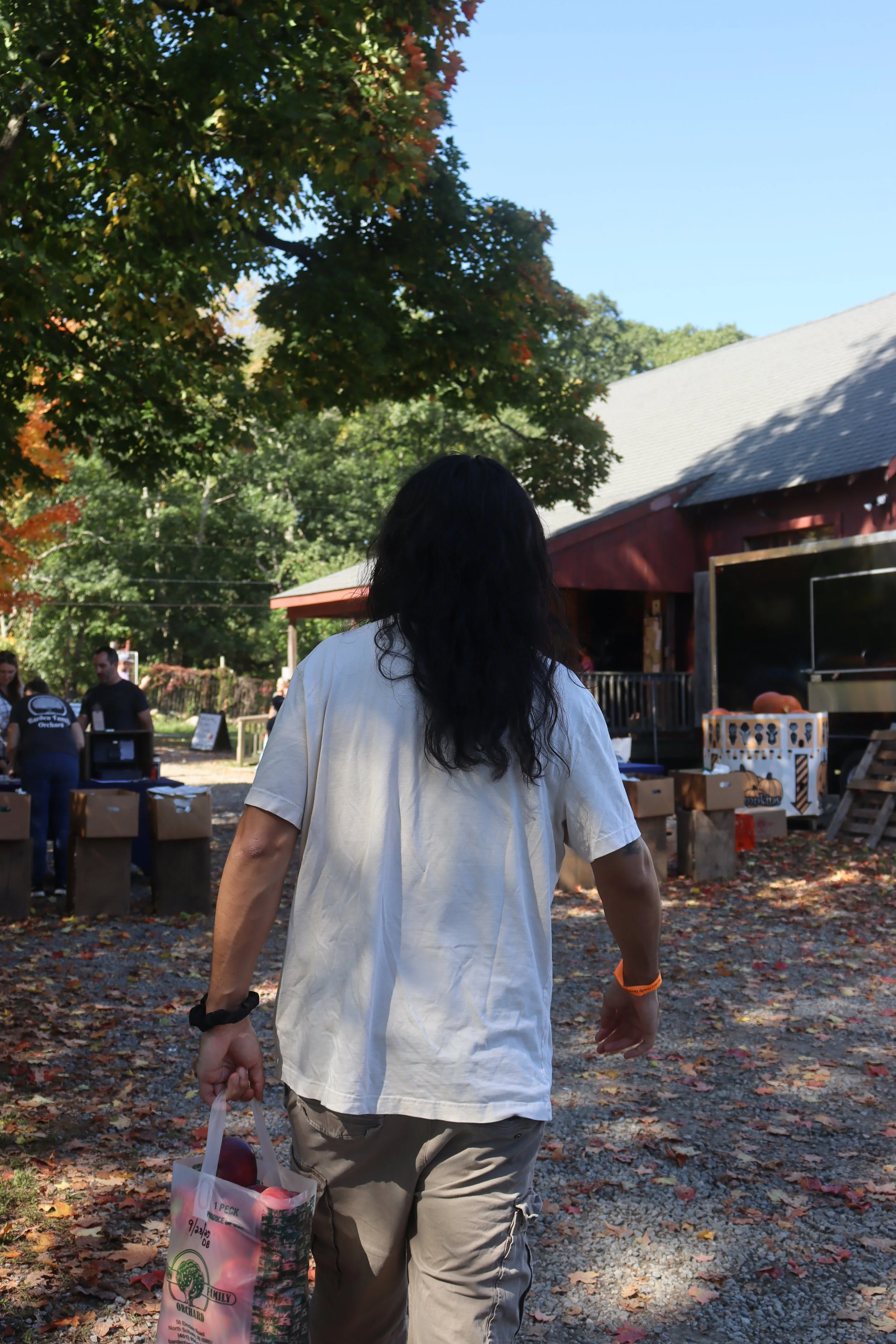 Person with long dark hair walking away at outdoor market or farm, holding a bag and apples, trees with autumn leaves, red building, and people in the background.