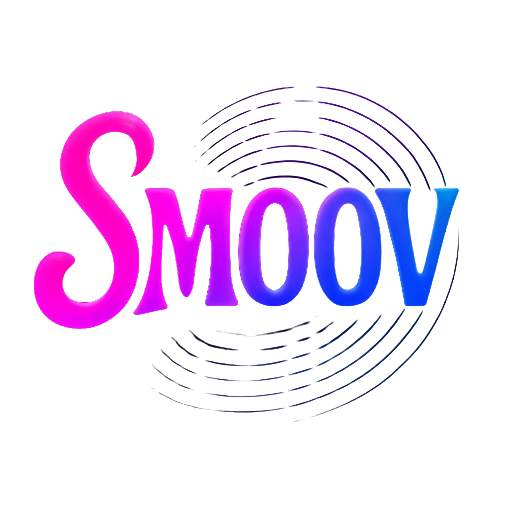 Colorful logo with the word 'Smoov' in pink and blue gradient text, with concentric circles radiating outward in the background.
