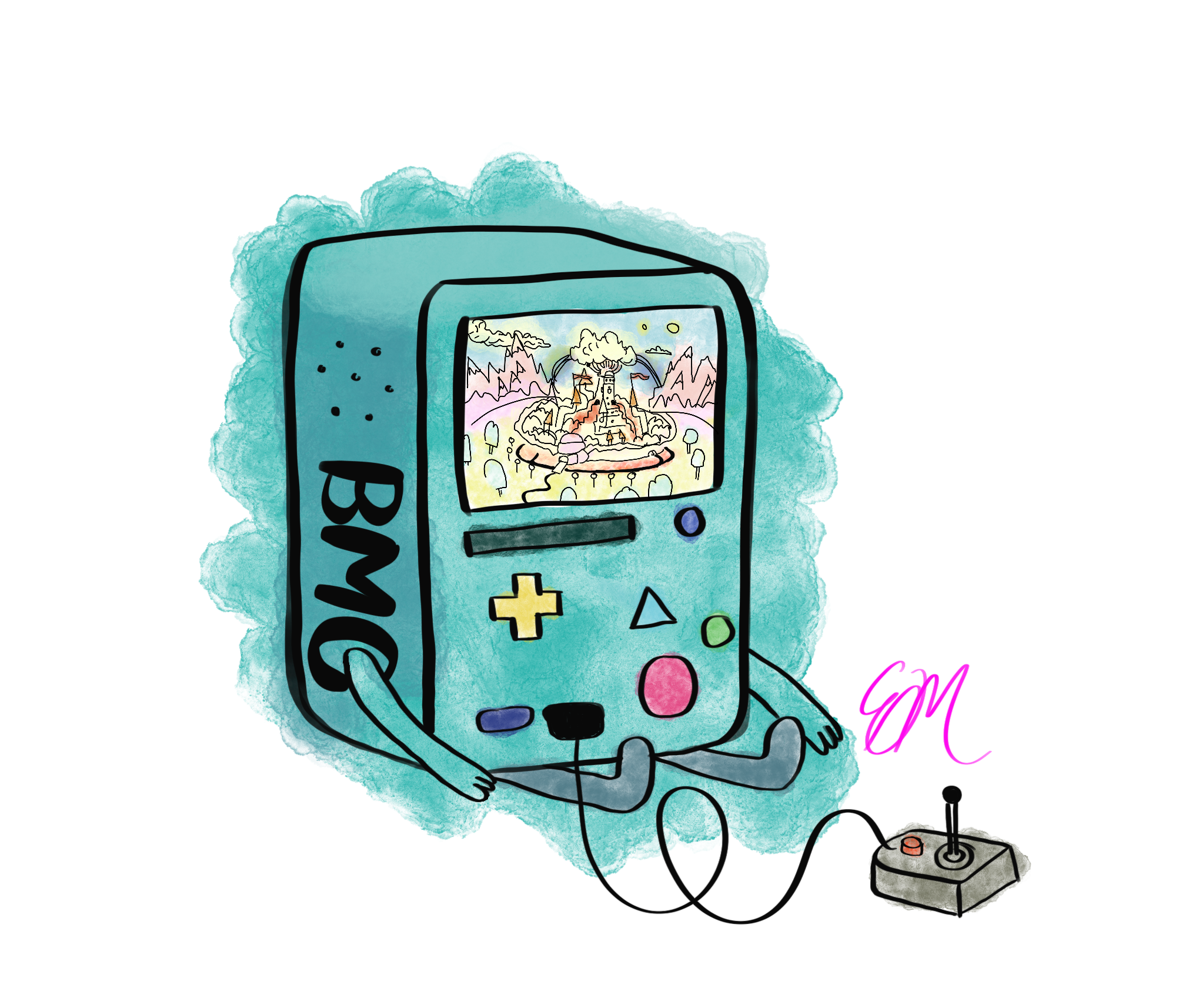 Illustration of a handheld gaming console with arms, labeled 'BMS', playing a game featuring a colorful mountain landscape with a castle and clouds, connected to a joystick.
