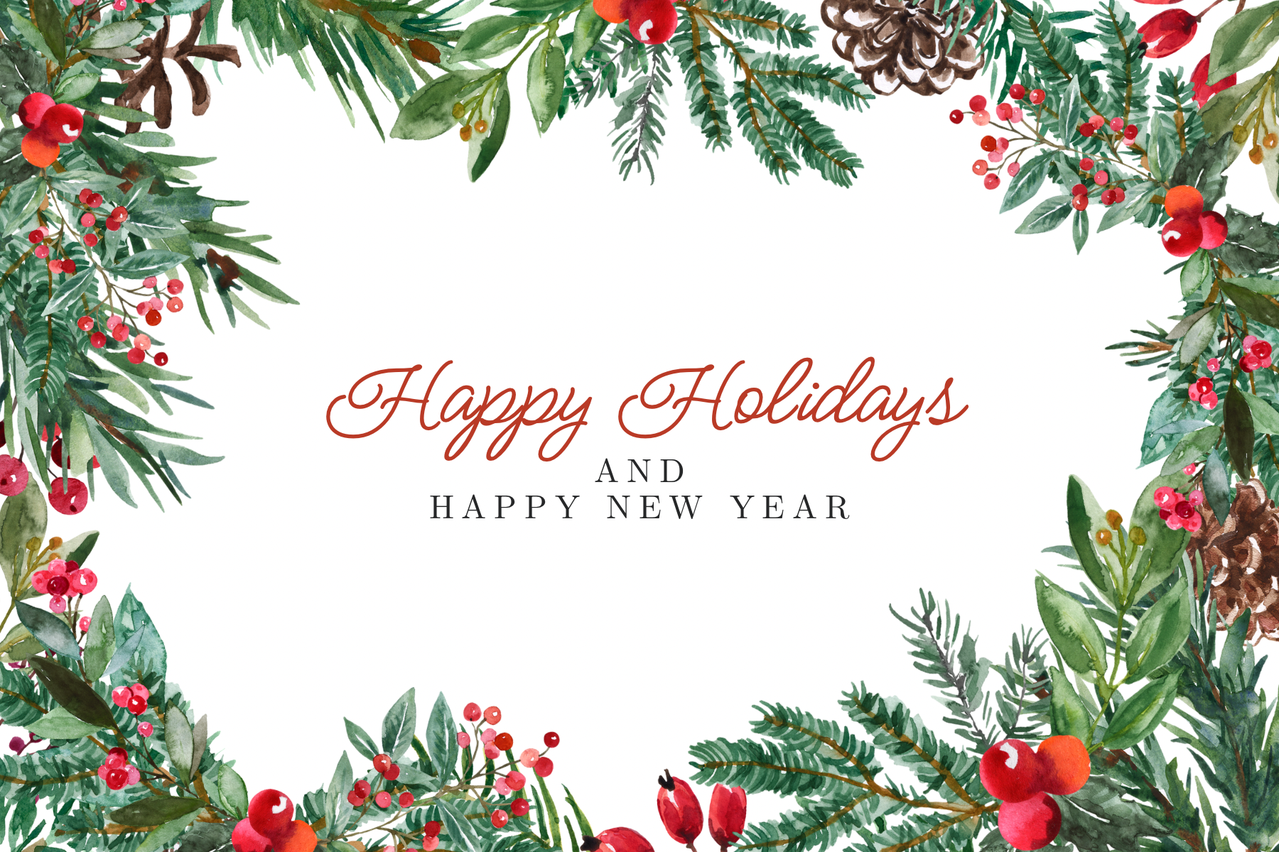 Watercolor illustration of a holiday greeting card with green pine branches, red berries, pinecones, and holly leaves framing the message "Happy Holidays and Happy New Year" in red and black script on a white background.