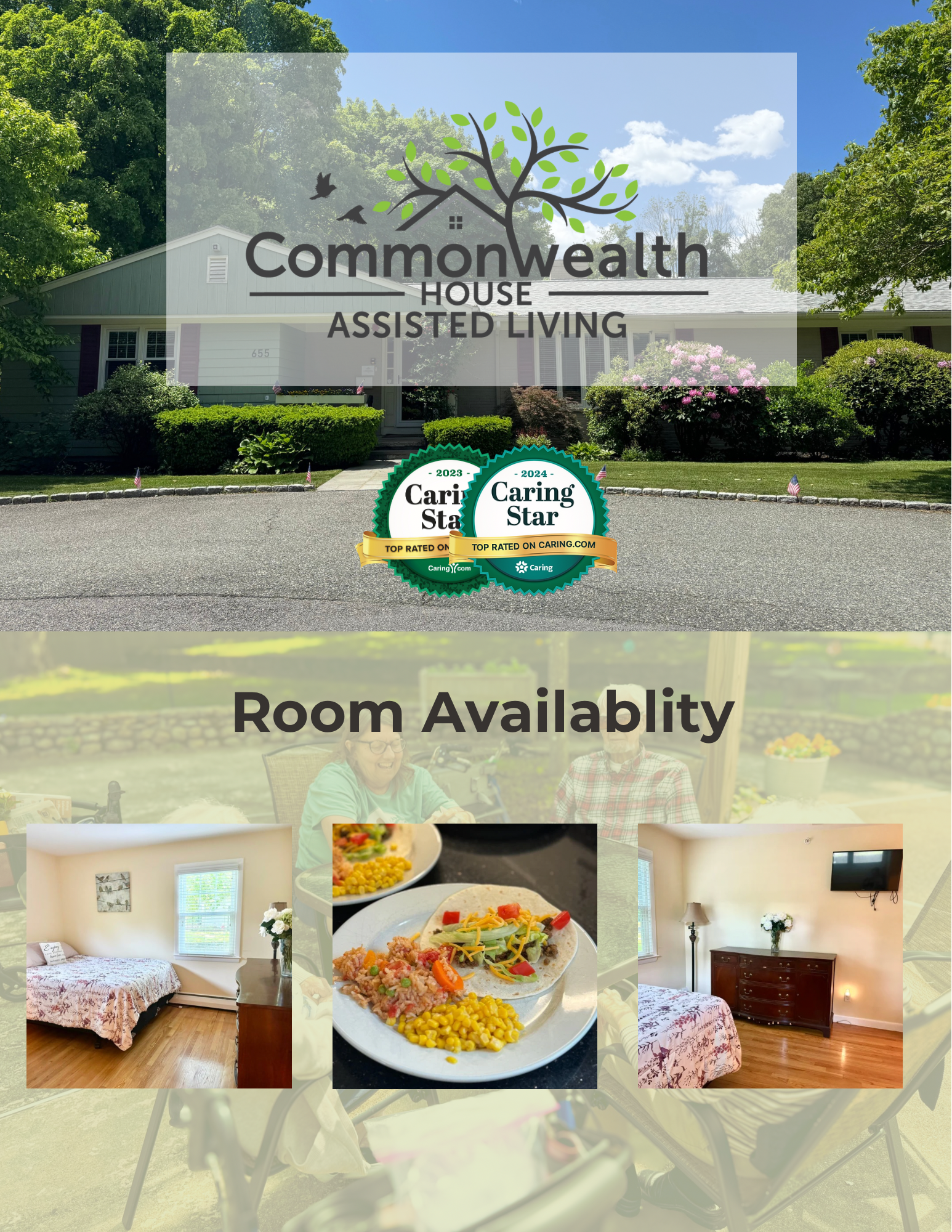 Exterior view of a house with a driveway, surrounded by greenery and flowering bushes. The house has a sign indicating it's a Commonwealth House Assisted Living facility, with Caring Star awards from 2023 and 2024. There are two images of indoor room