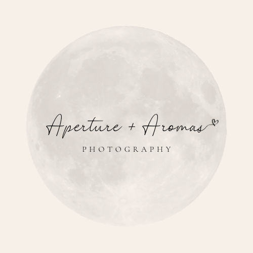 Design featuring a full moon with text 'Aperture + Aromas PHOTOGRAPHY' in the center.
