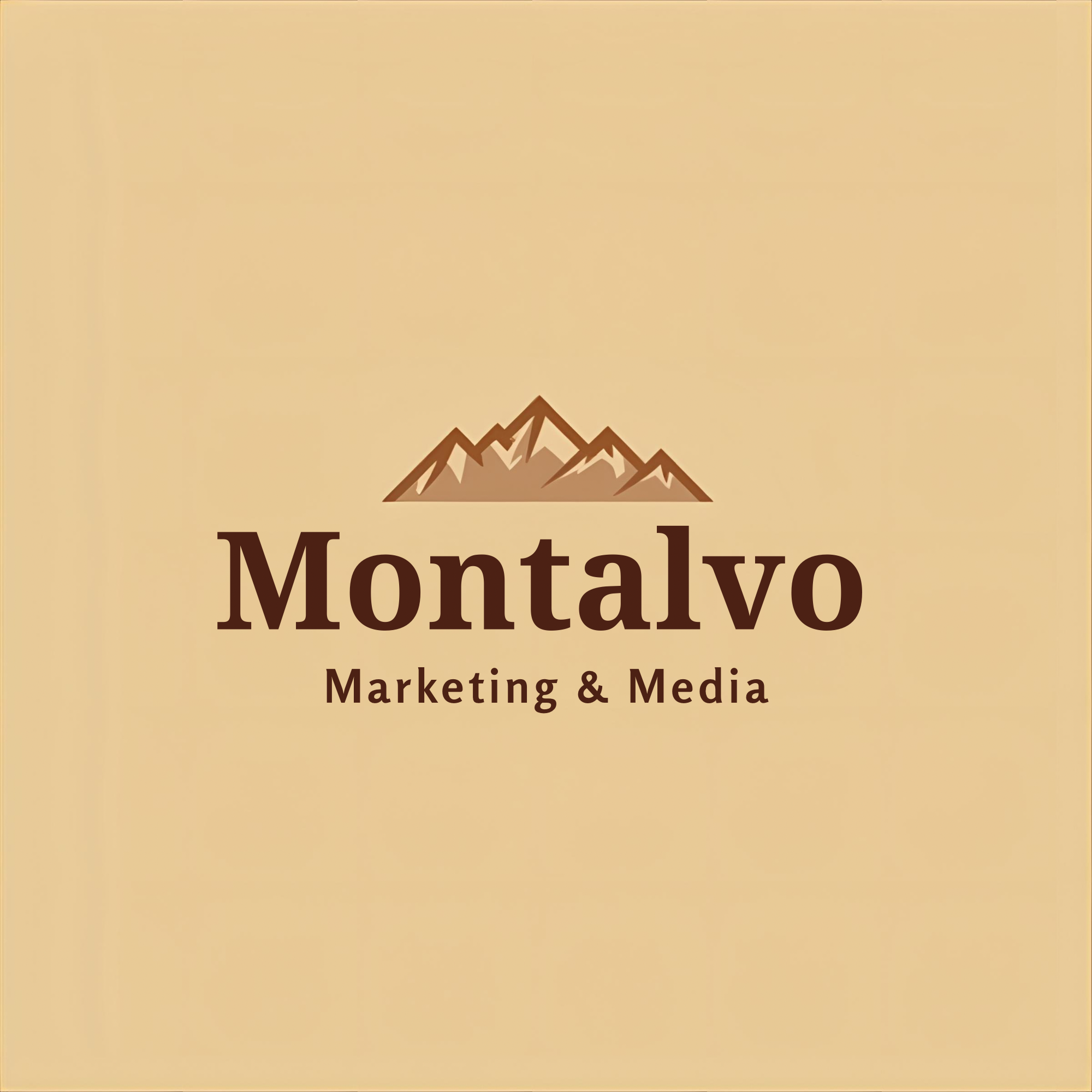 Logo with mountain graphic and text that reads 'Montalvo Marketing & Media' on a beige background.