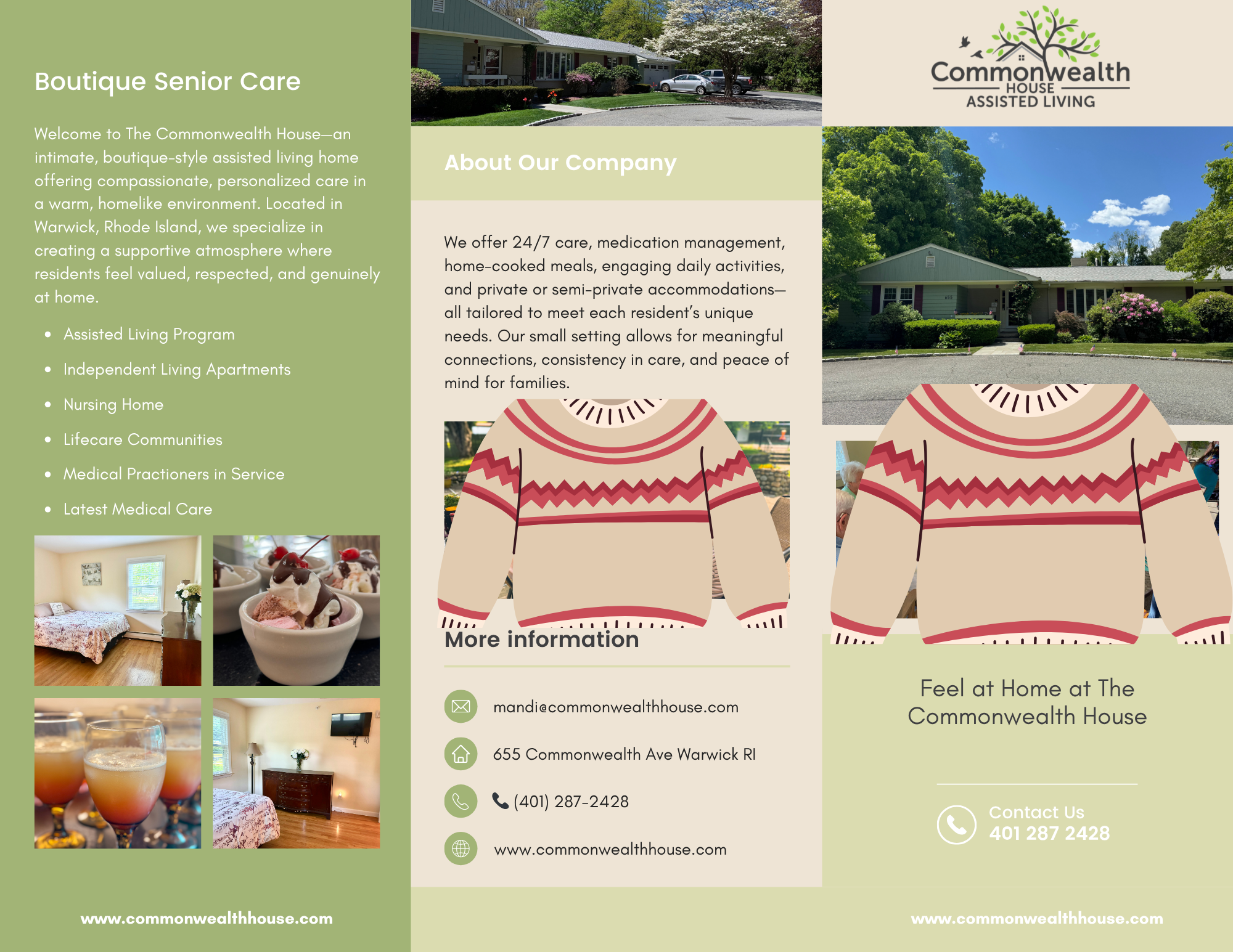Flyer for The Commonwealth House assisted living facility, featuring photos of the facility exterior, interior bedrooms, meals, and activities, and information about services, contact details, and the company's logo with a tree and birds.