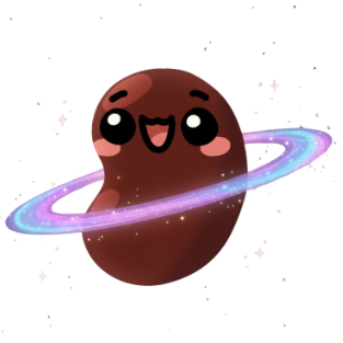 Cartoon nut with a happy face and large eyes, surrounded by a colorful glowing ring, in a space setting.