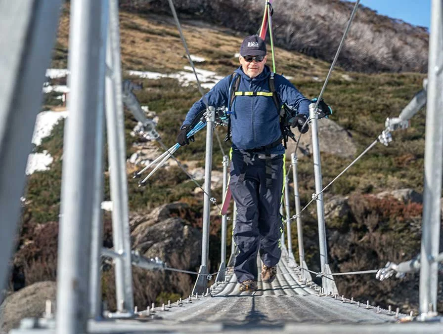 Crossing the Illawong suspension bridge on the Main Range
