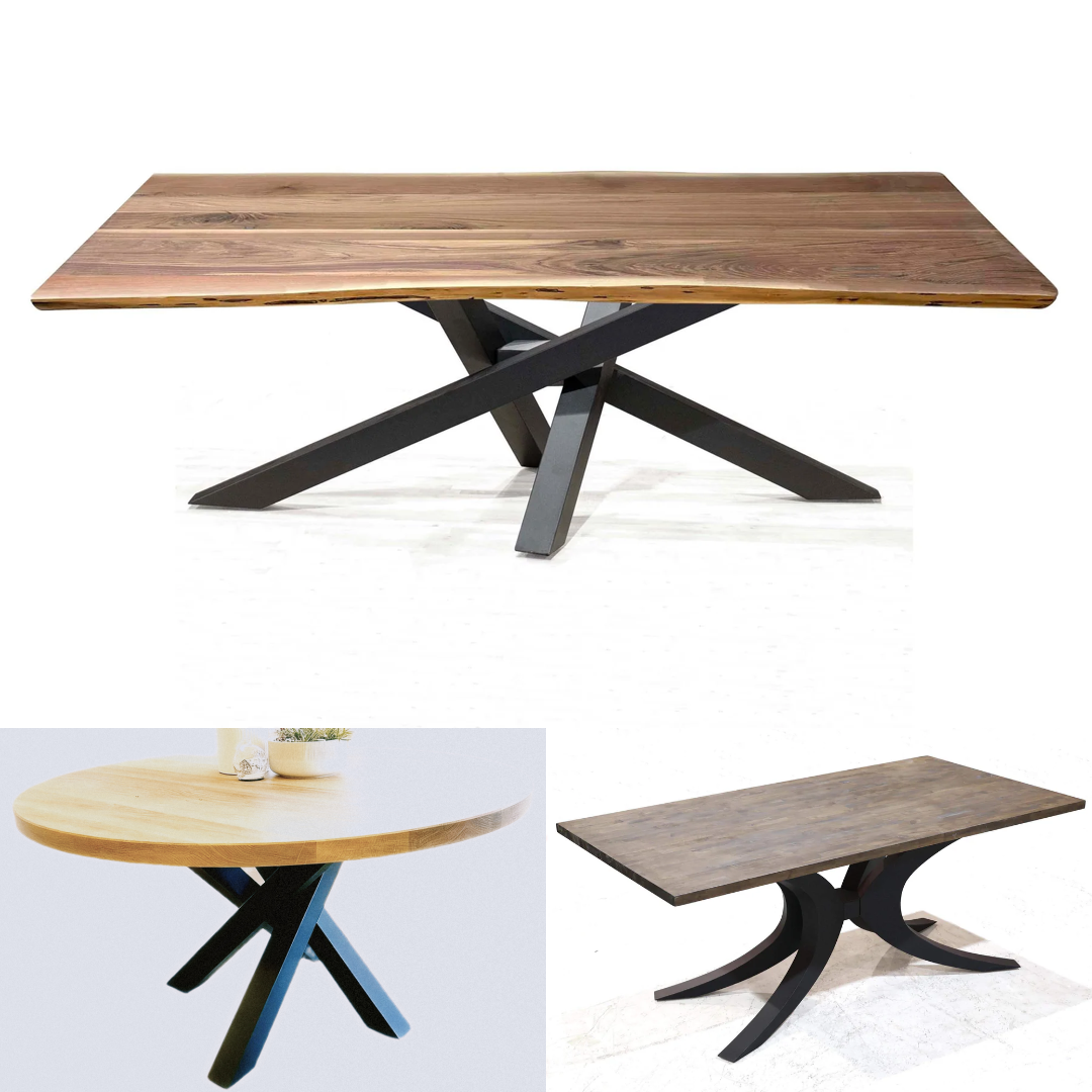 Three different tables with wooden tops and black legs, each with a unique design.