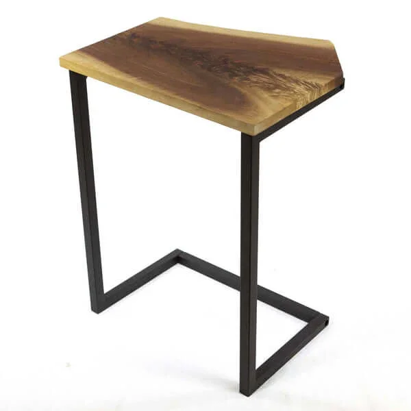 A small table with a wooden top and black metal frame.