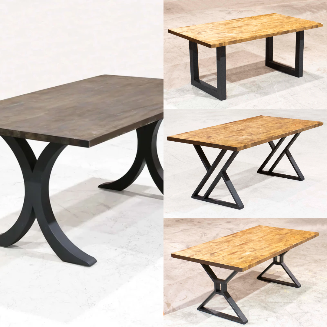Four different tables with wooden tops and black metal legs in a white room.