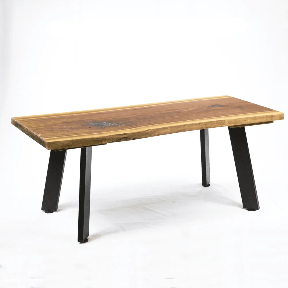 Wooden table with black metal legs on a white background.