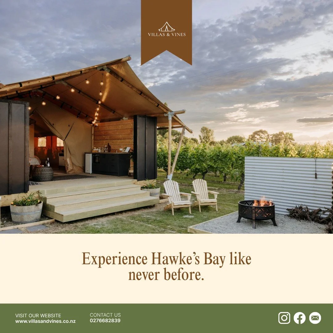 Experience the ultimate in luxurious relaxation at Villas &amp; Vines Glamping&mdash;where chic safari-style tents meet the stunning beauty of Hawke's Bay wineries. Savor a glass of local wine while soaking in the breathtaking nature around you. 

BO