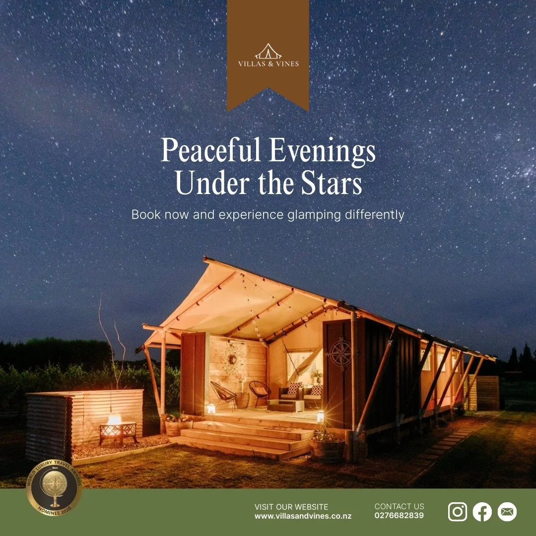 Nestled in nature, our chic Safari tents promise a unique glamping experience. Sip local wines while enjoying a peaceful evening under the stars. 

BOOK NOW 

#Glamping #Nature #Luxurious #WineTime #HawkesBay
