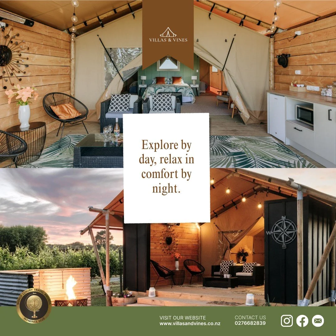 Explore, relax, and indulge in the beauty of Hawke's Bay. Our Safari-style glamping villas are designed with comfort in mind and proximity to local attractions. 

BOOK NOW 

#Glamping #SafariStyle #Luxurious #Wineries #Relaxation