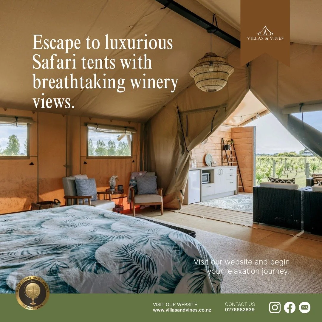 Your escape to luxurious glamping awaits! Our beautiful Safari tents offer ultimate relaxation with stunning views of Hawke's Bay's wineries and nature. 

VISIT OUR WEBSITE 

#Glamping #Wineries #Luxurious #Nature #HawkesBay